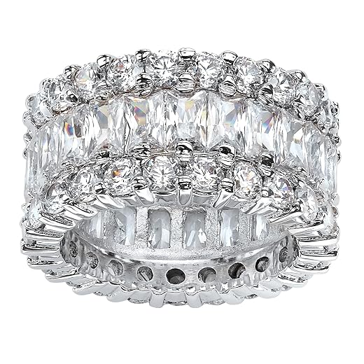 Yellow Gold-Plated or Platinum-Plated Sterling Silver Baguette Cut and Round Cubic Zirconia Triple Row Eternity Ring Size 8