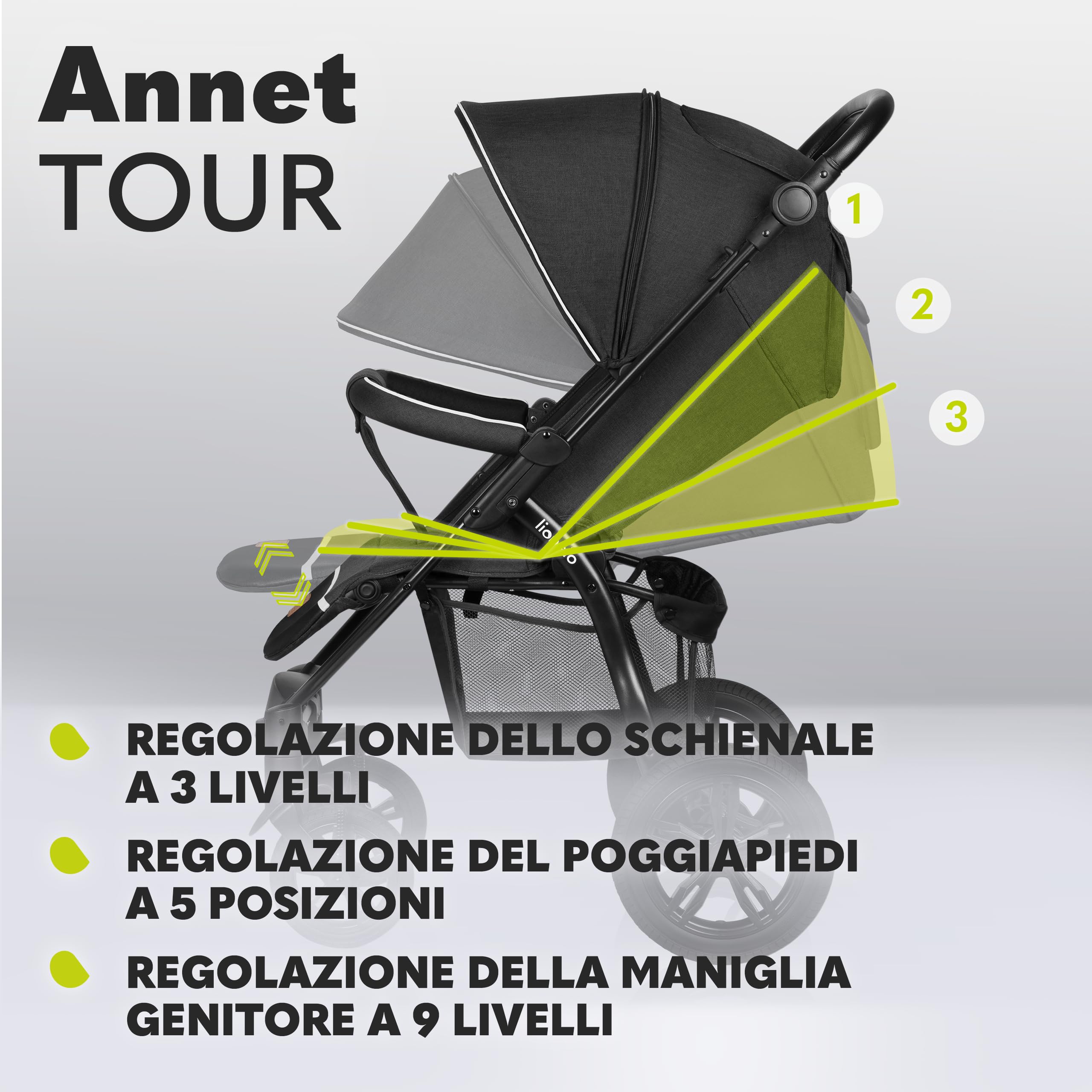 LIONELO Annet Tour Passeggino Compatto Pieghevole fino a 22 kg | Dalla Nascita, Posizione Sdraiata, Cinture a 5 Punti, Grandi Ruote Ammortizzate e Cappottina XXL