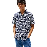 Tommy Hilfiger Uomo Camicia Linen Blend Maniche Corte, Multicolore (Preppy Navy/Ivory Petal)