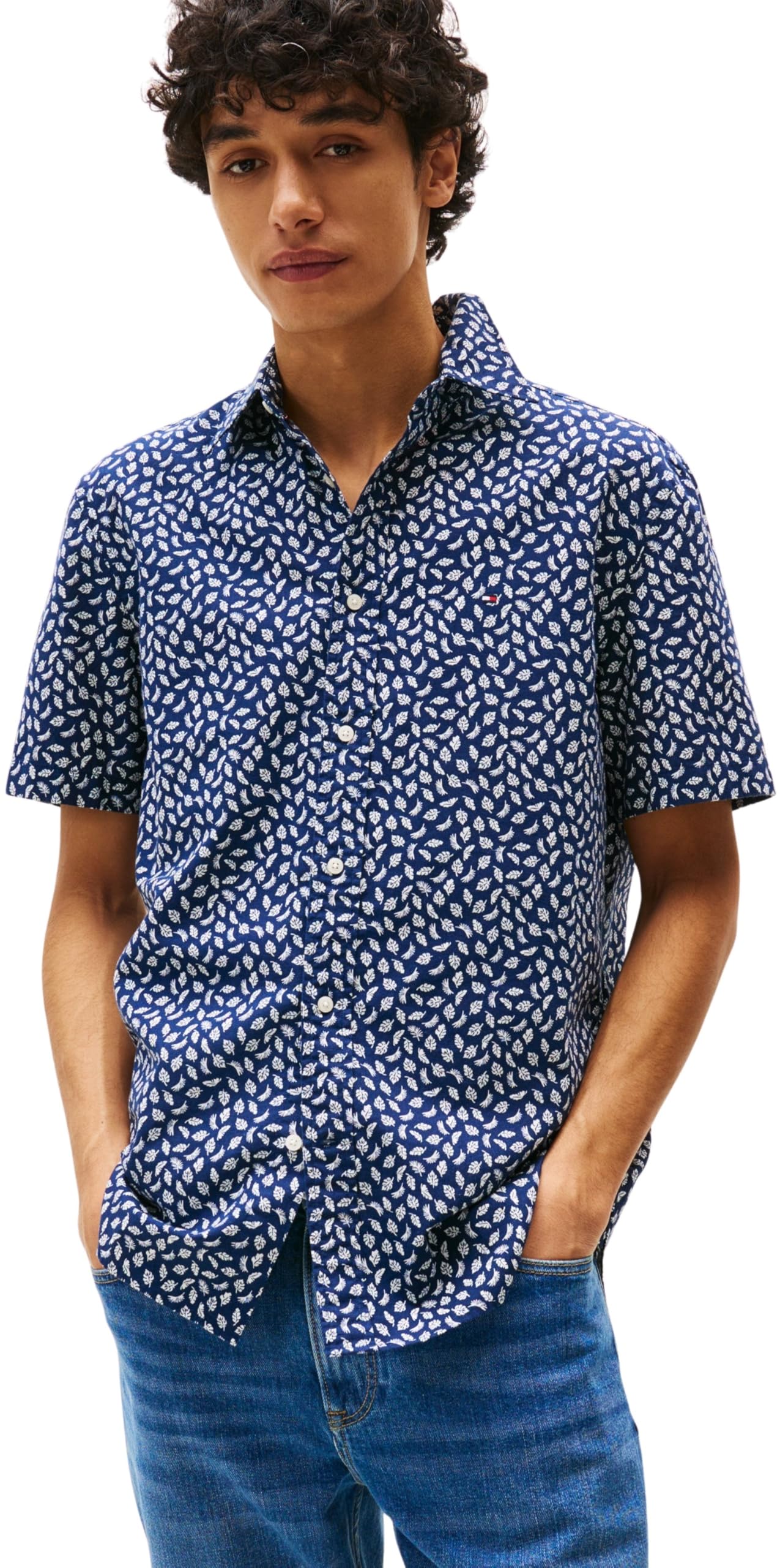 Tommy Hilfiger Men’s Short Sleeve Linen Blend Shirt, Multicolor (Preppy Navy/Ivory Petal), XXL