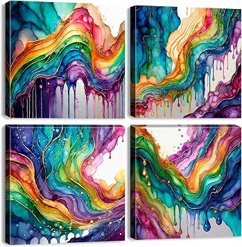 Colorful Wall Art Graffiti Rainbow Wall Decor for Living Room Abstract Fluid Lines Pictures Fantasy Watercolor Red Green Blue Liquid Canvas Prints Painting Modern Bedroom Home Decorations 12x12 4Pcs