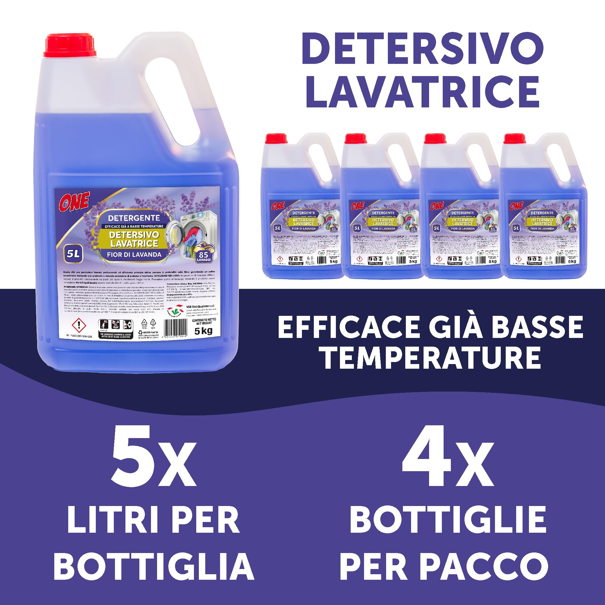 ONE - 20 Litri di detersivo liquido LAVATRICE ai FIOR DI LAVANDA (Pacco con 4 x taniche da 5 lt ciascuna - 85 lavaggi per tanica) - Detergente liquido efficace gia' a basse temperature.