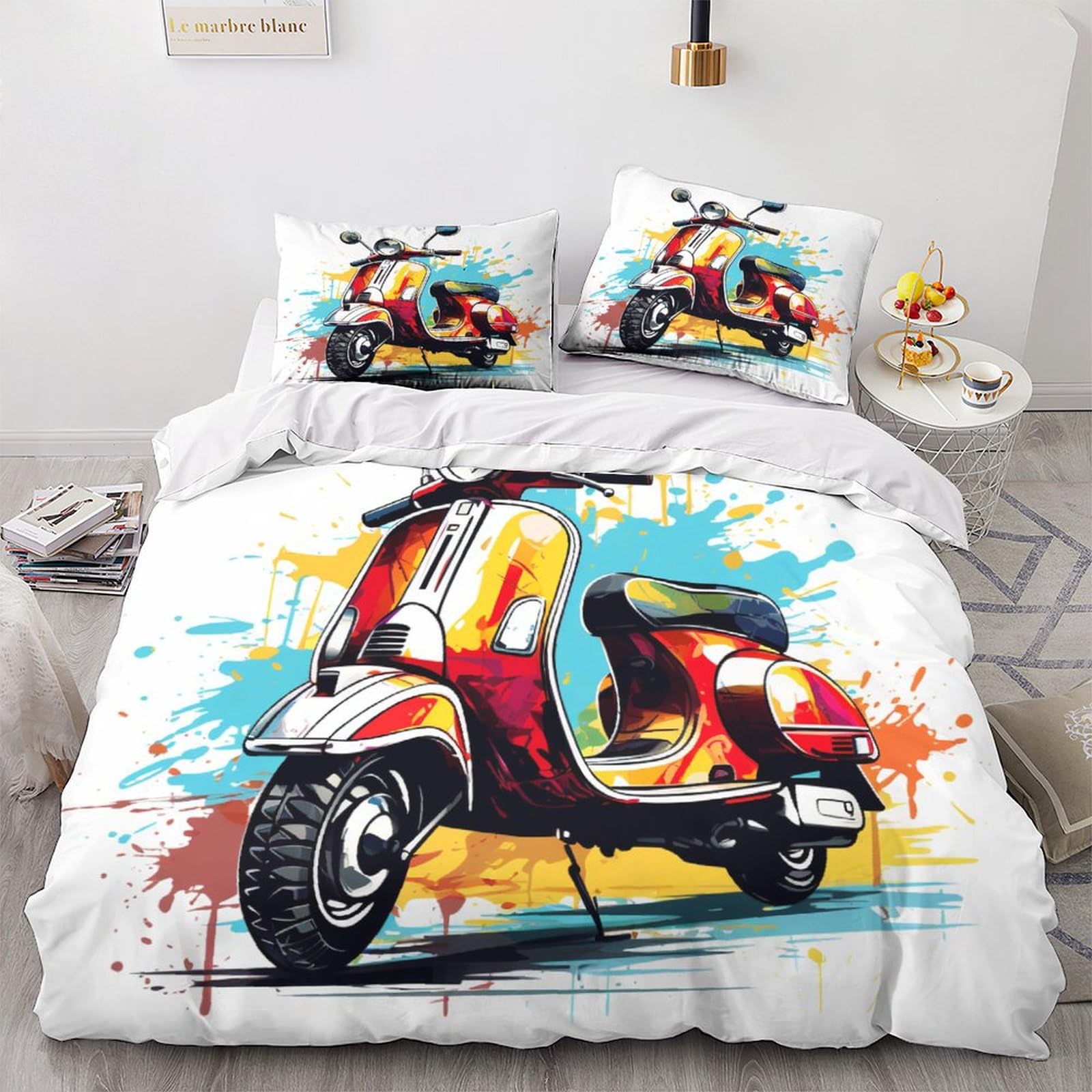 ALoEu Scooter Bedding Set For Boys Girls Teenagers Duvet Cover Set Microfiber Quilt Cover Kids 3D Printed Comforter Cover Pillowcase with Zipper Closure 3 Pieces Double（200x200cm）