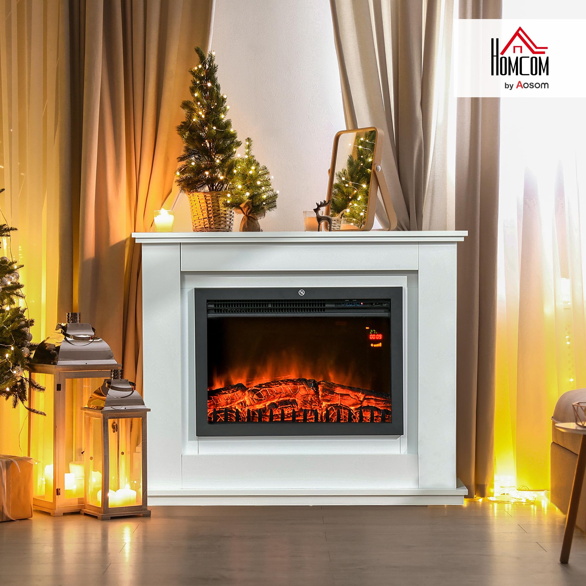 HOMCOM Kominek LED 3D efekt płomienia, 2 poziomy mocy, 2000W, biały | Kominek stojący z ogrzewaniem, adaptacyjna funkcja startu, pilot, kominek z timerem, zabezp. przed przegrz.