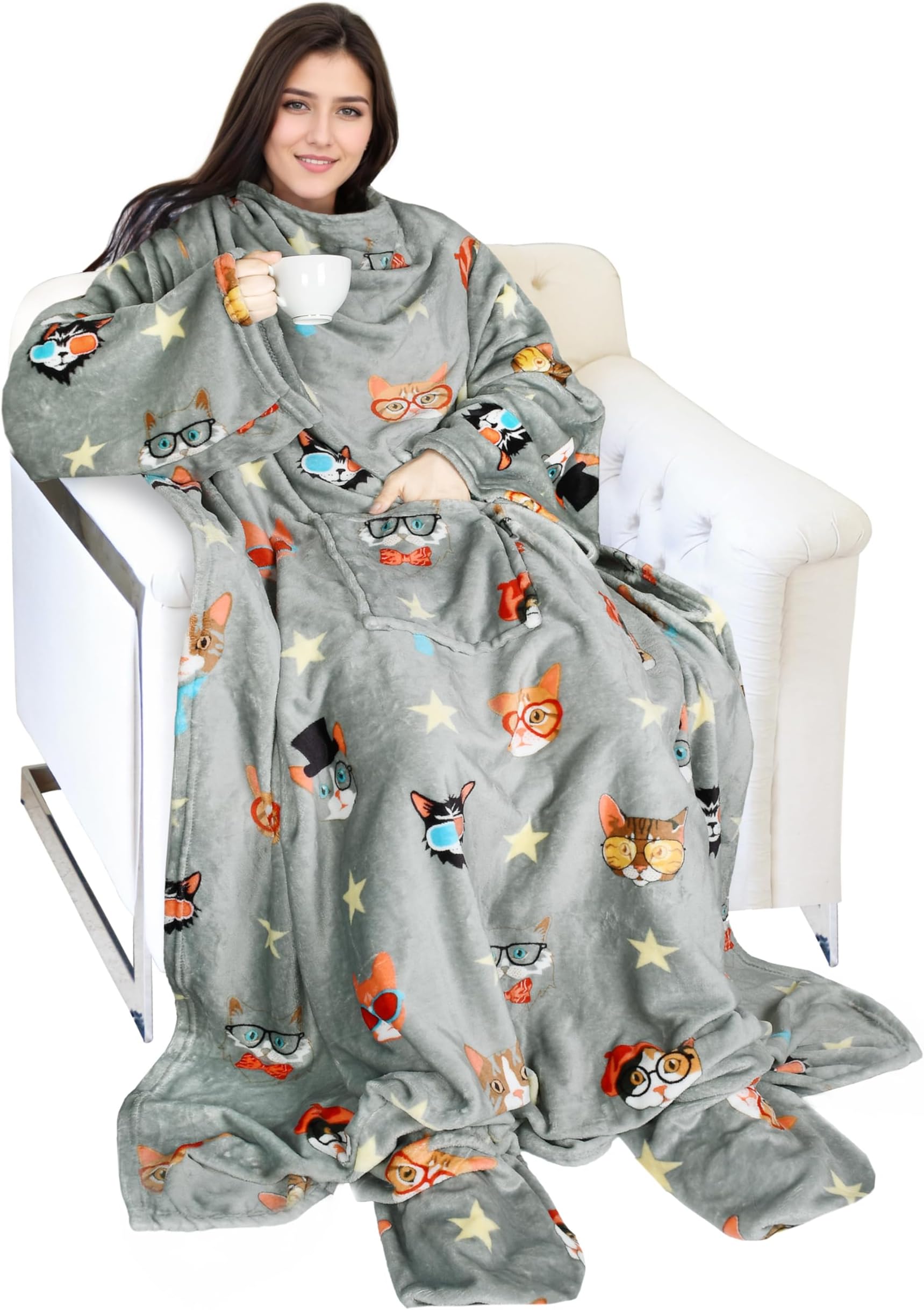 Catalonia Cat & Dog Print Wearable Blanket with Sleeves and Foot Pocket – Ultra-Soft Warm Fleece Long Throw Snuggly Blanket for Sleeping & TV Time – Cozy Christmas Gift for Women & Men