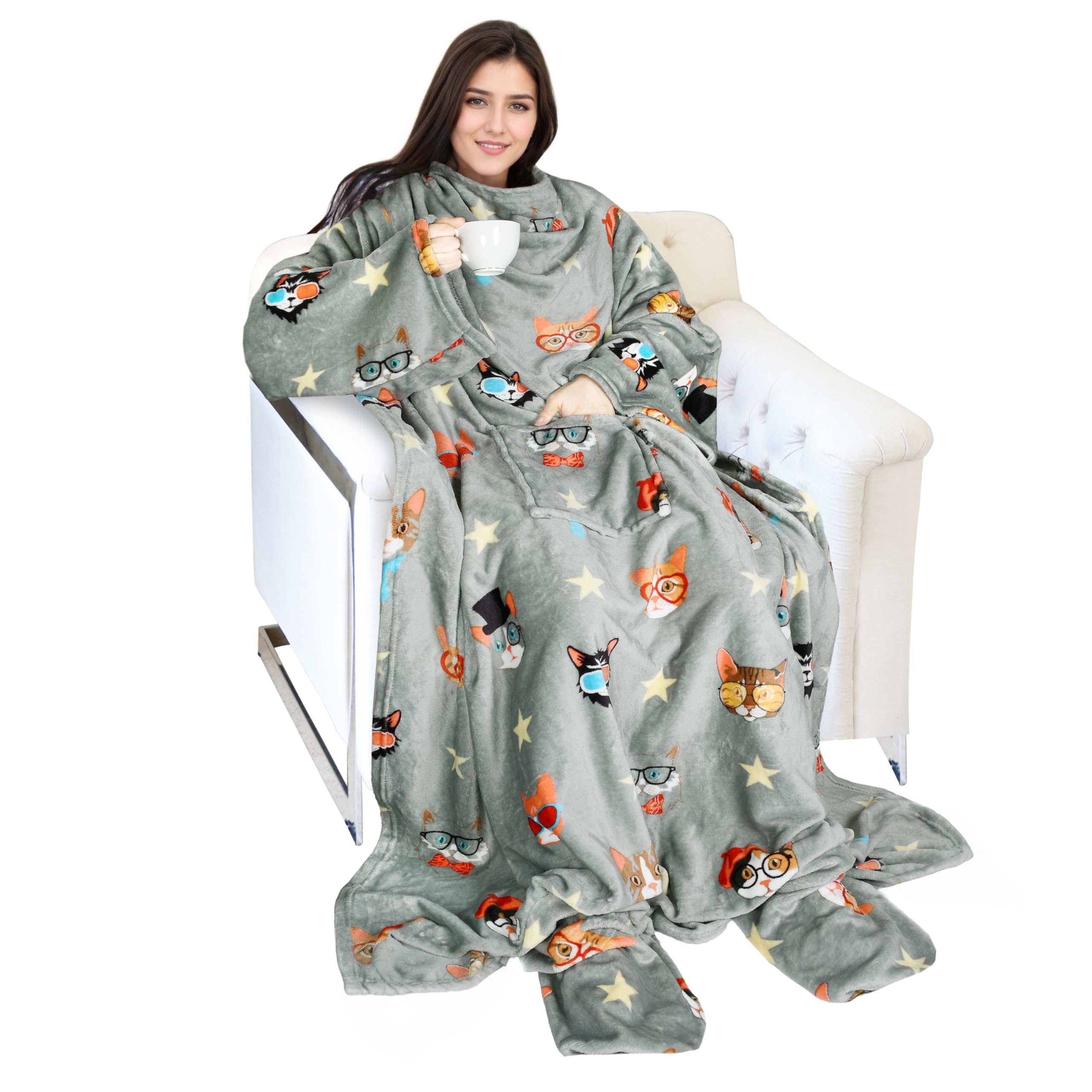 Catalonia Cat & Dog Print Wearable Blanket with Sleeves and Foot Pocket – Ultra-Soft Warm Fleece Long Throw Snuggly Blanket for Sleeping & TV Time – Cozy Christmas Gift for Women & Men