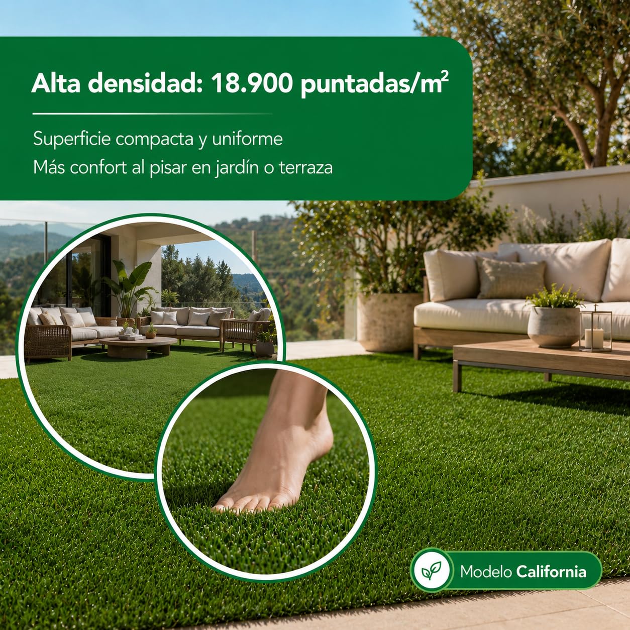 Césped Artificial Premium 35mm, Rollo 2x5m Modelo California, 18.900 Puntadas, 6.700Dtex. Máximo Realismo, Alta Densidad, Ideal para Exteriores, Piscinas, Terrazas y Jardín