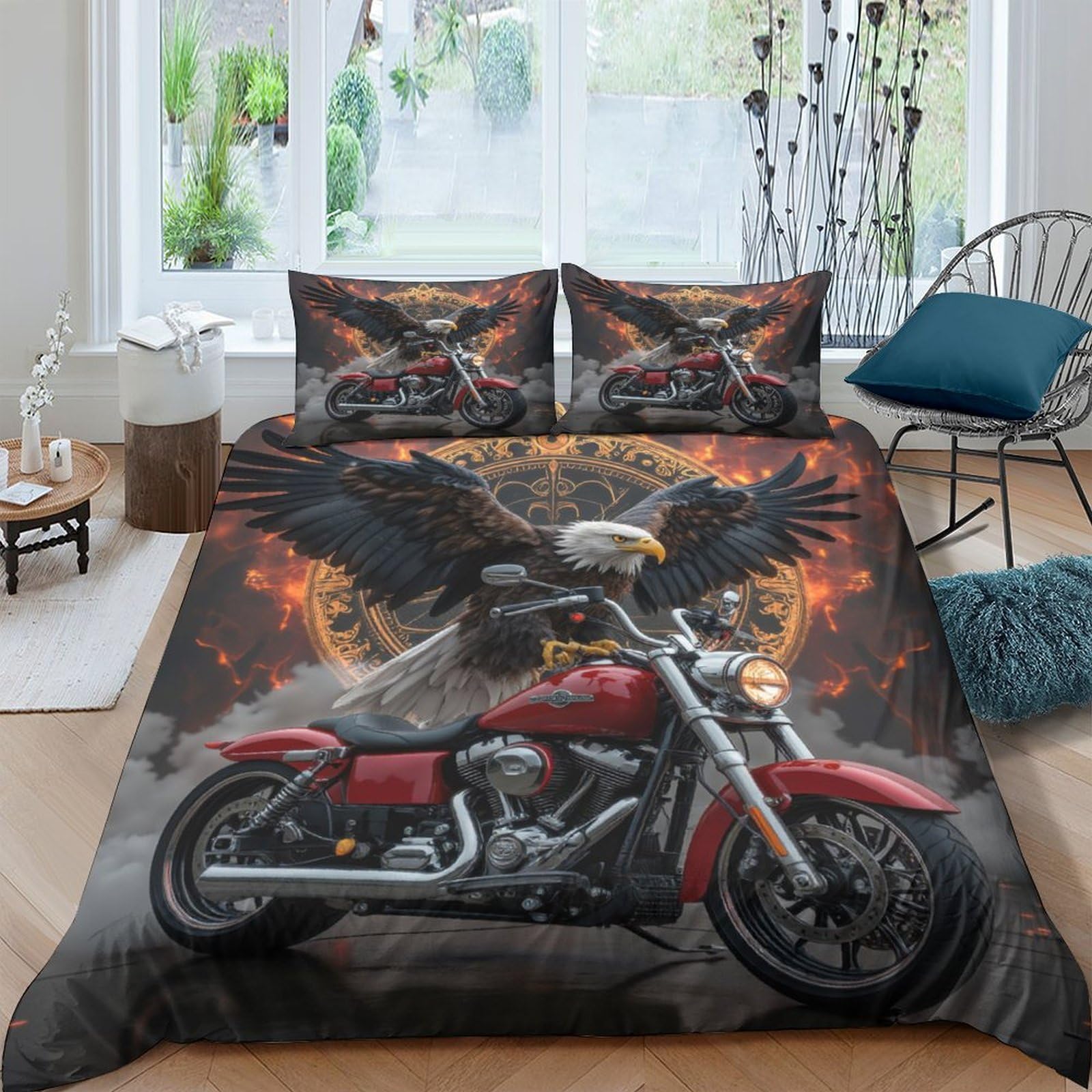 Ctjqhvkz Style-8 3D Printed Flaming Motorcycle Fitted Sheet Microfiber Black Bed Cover For Bedroom Dorm Decorative Protection Single（135X200cm）