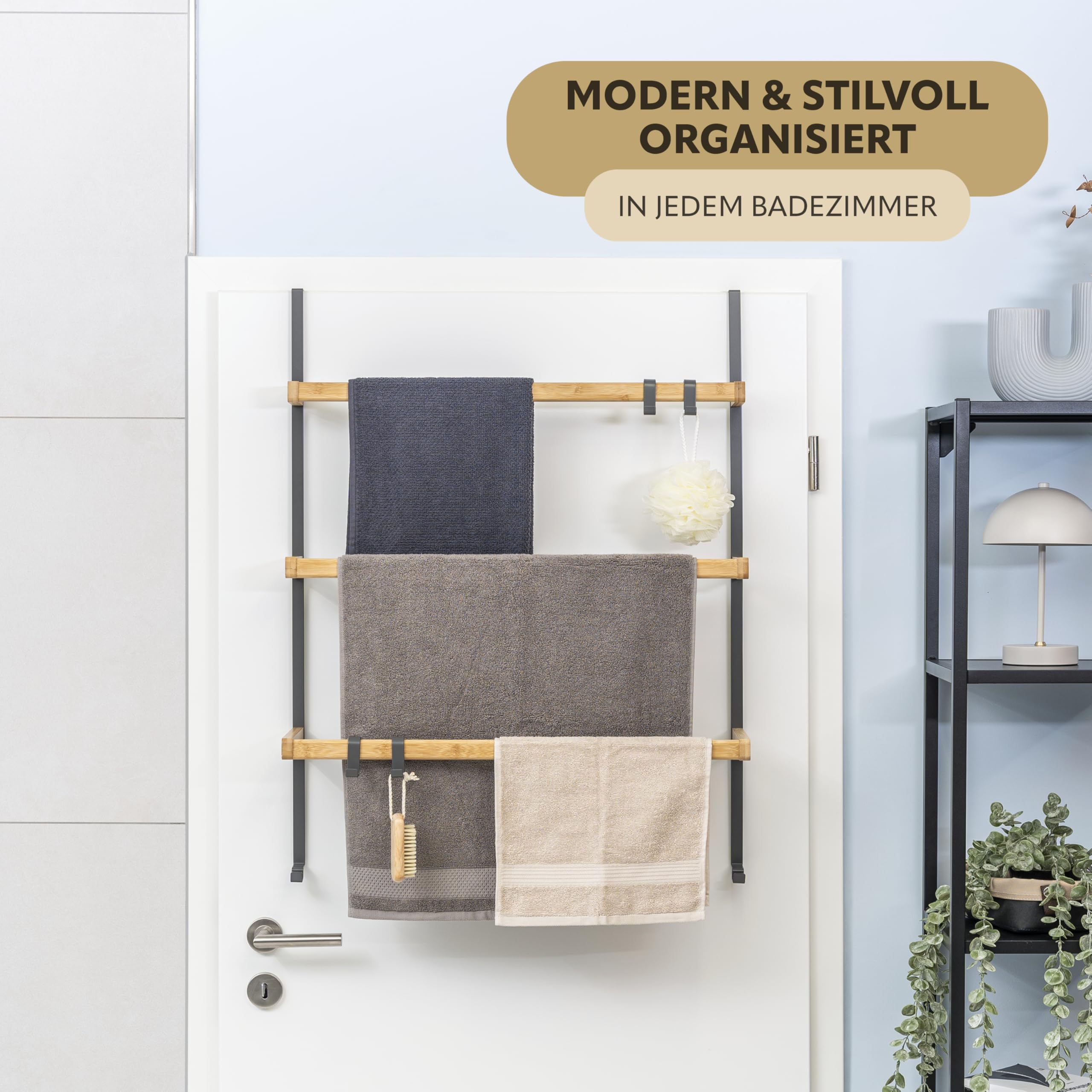 Handtuchhalter 60 Cm Mit 2 Stangen & 6 Haken - Bambus & Metall, Schwarz