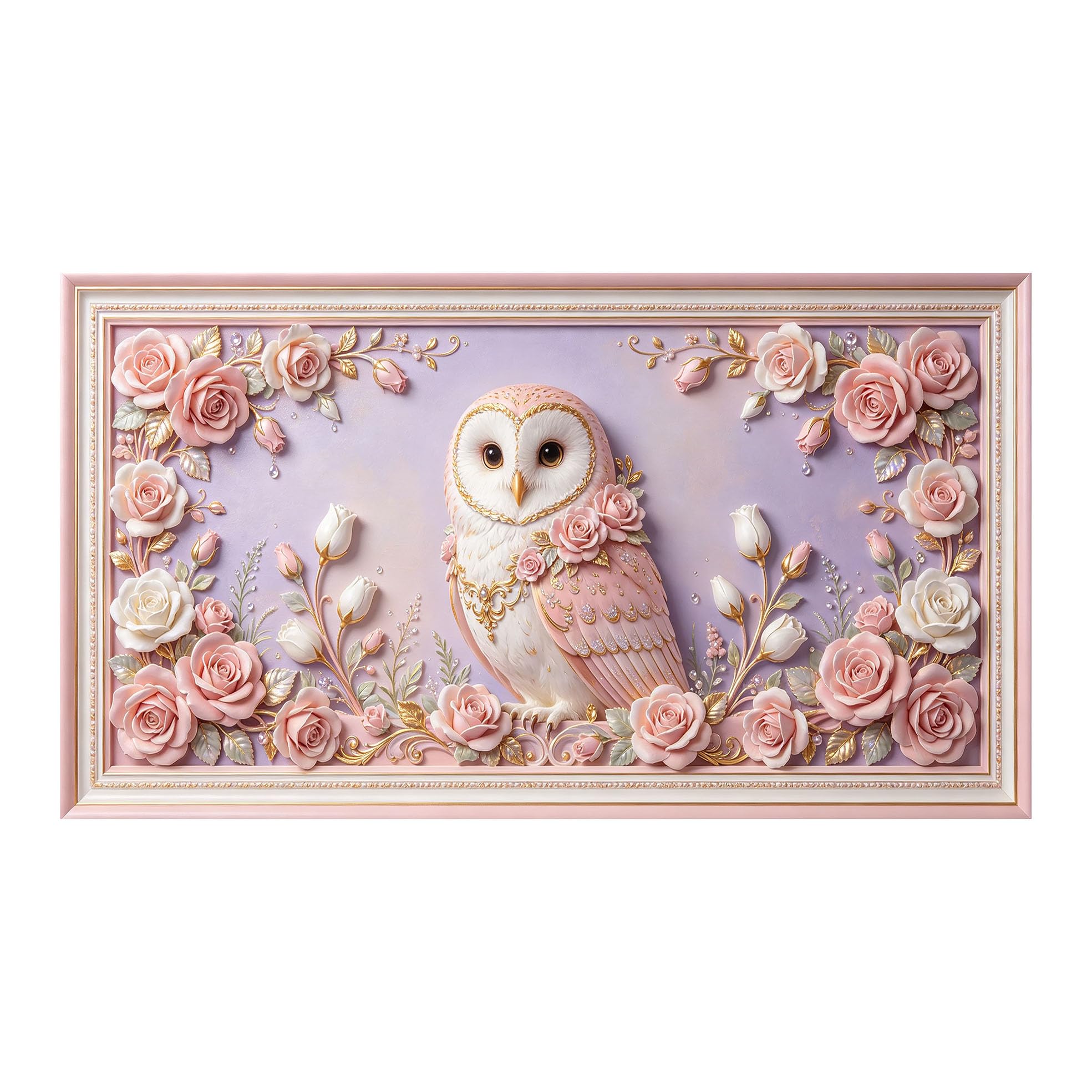 Yzpallescene 3D 3D Framed Wall Art 50cm×90cm Pink Owl Floral Baroque Oil Painting Large Size SelfAdhesive Removable Wall Decor Prints Artwork for Living Room Bedroom Office