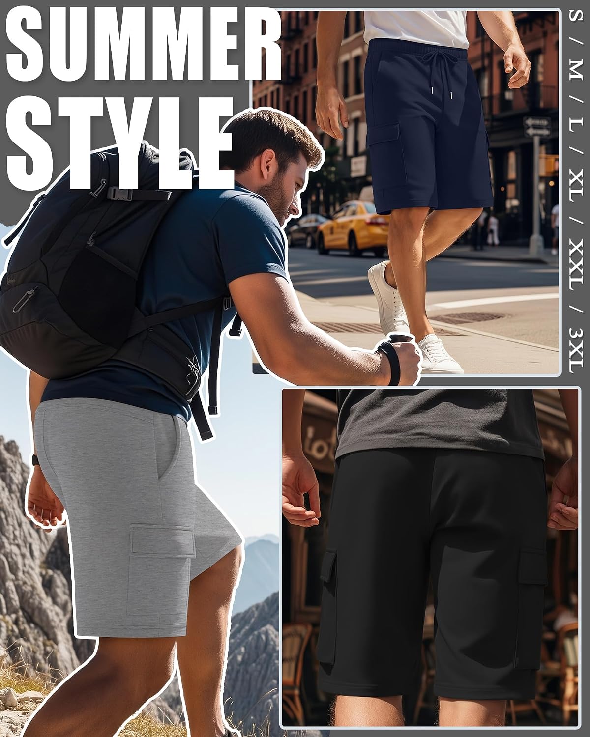 Ficerd 3 Pack Men's Cargo Shorts Bermuda Athletic Summer Sweat Shorts Elastic Waist Lounge Knee Length Pants with 4 Pockets