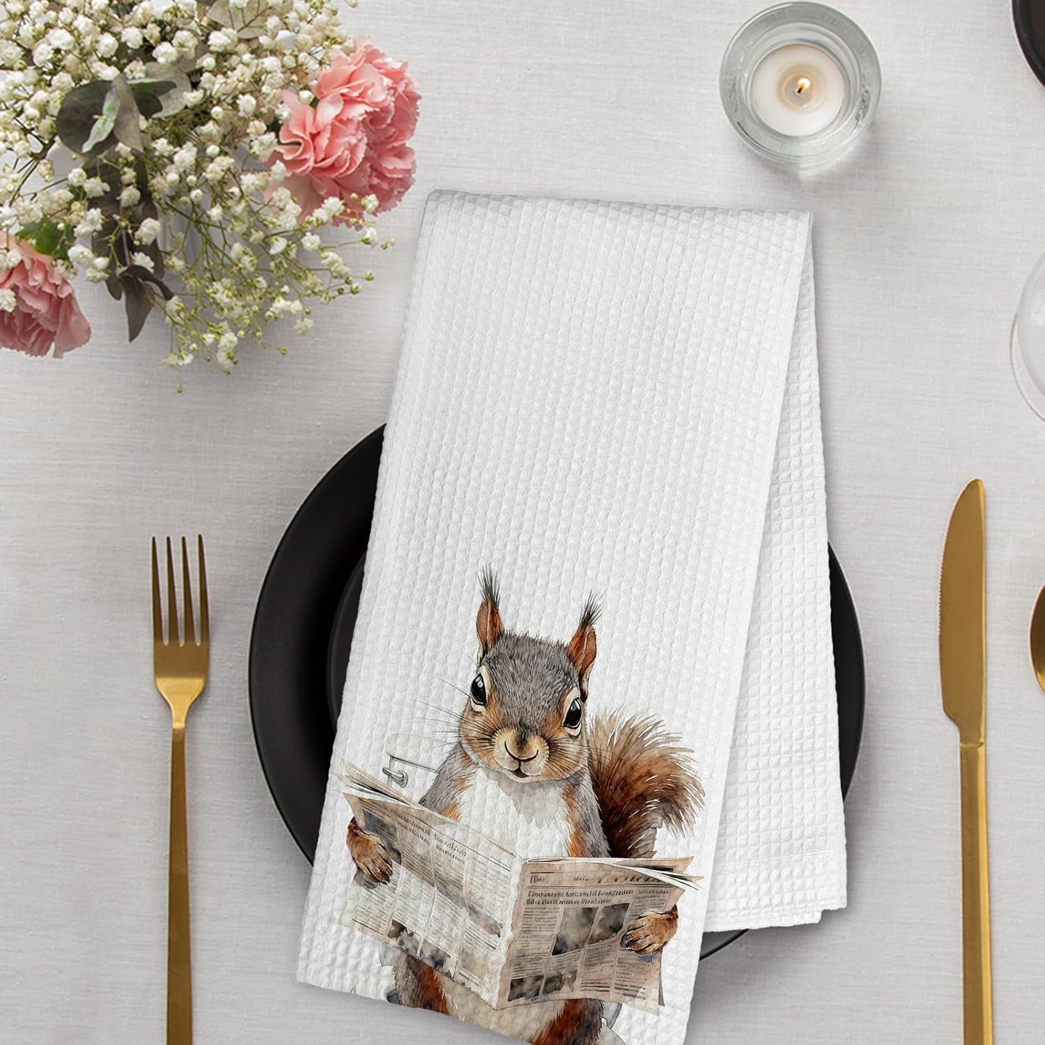 Funny Squirrel Hand Towels for Bathroom Washroom, Rustic Squirrels Decorative Hand Towels Set of 2, Cute Wild Animals Squirrel Dish Tea Towels for Kitchen Cabin Farmhouse Decor, 16x24 Inch - Image 2