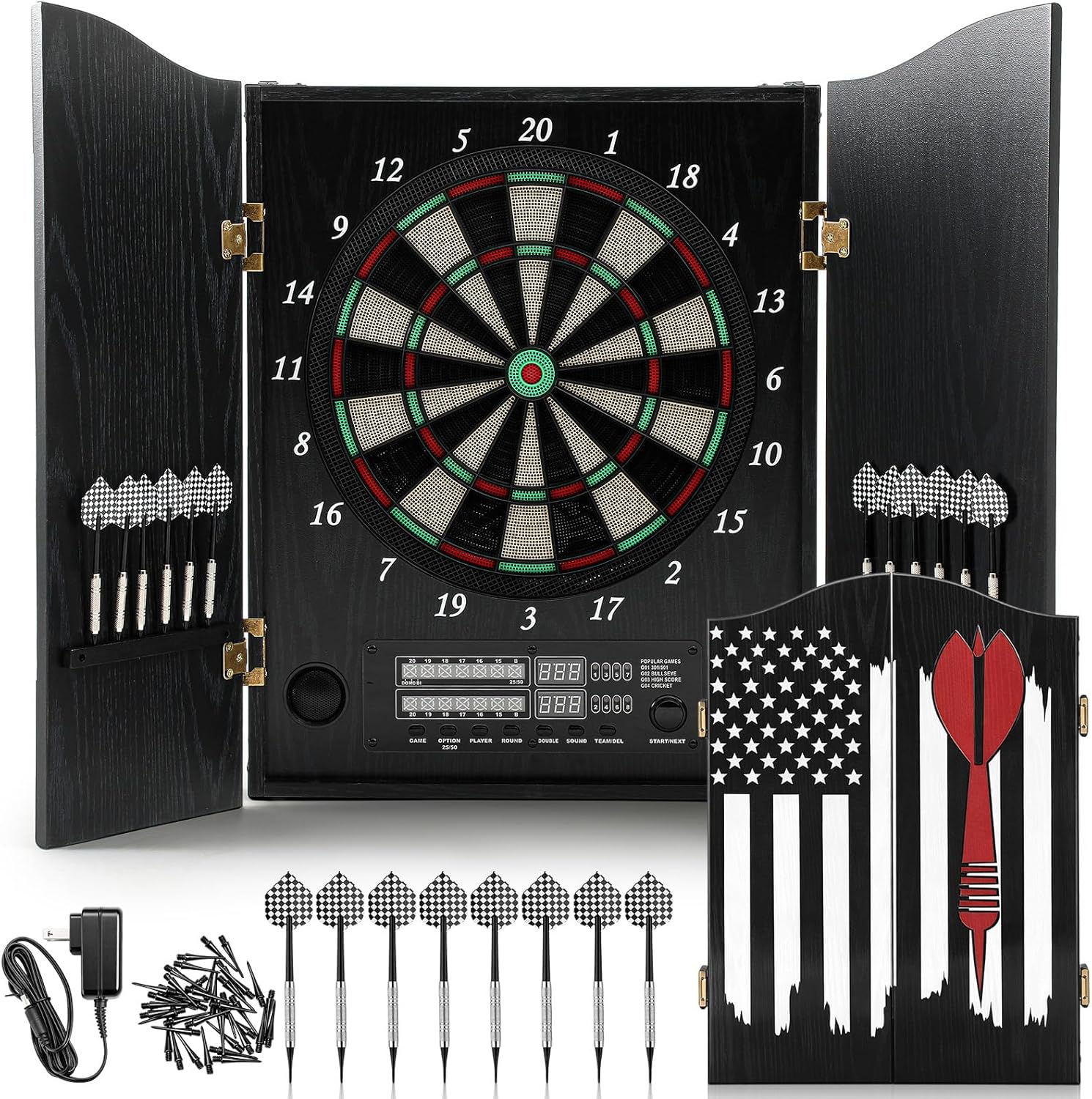 Electronic Dart Board Cabinet Set LED Decorative Dart Board for Adult with Cabinet Wooden 8 Players 25 Games12 Soft Tip Darts 50 Replacements for Family Game Basement Rec Room Bars