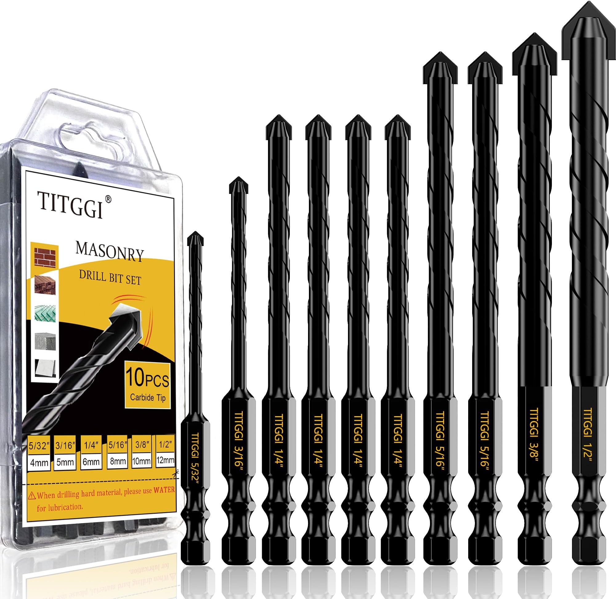 Masonry Drill Bit Set & Concrete Drill Bit Set, Professional Industrial Strength Carbide Drill Bits Tip (10PCS) for Concrete/Glass/Brick/Cement/Tile/Wood/Etc, 5/32"-1/2" by TITGGI