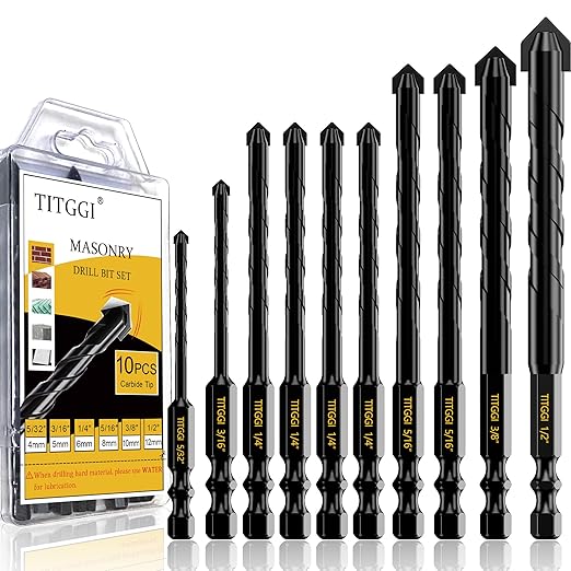 Masonry Drill Bit Set & Concrete Drill Bit Set, Professional Industrial Strength Carbide Drill Bits Tip (10PCS) for Concrete/Glass/Brick/Cement/Tile/Wood/Etc, 5/32"-1/2" by TITGGI