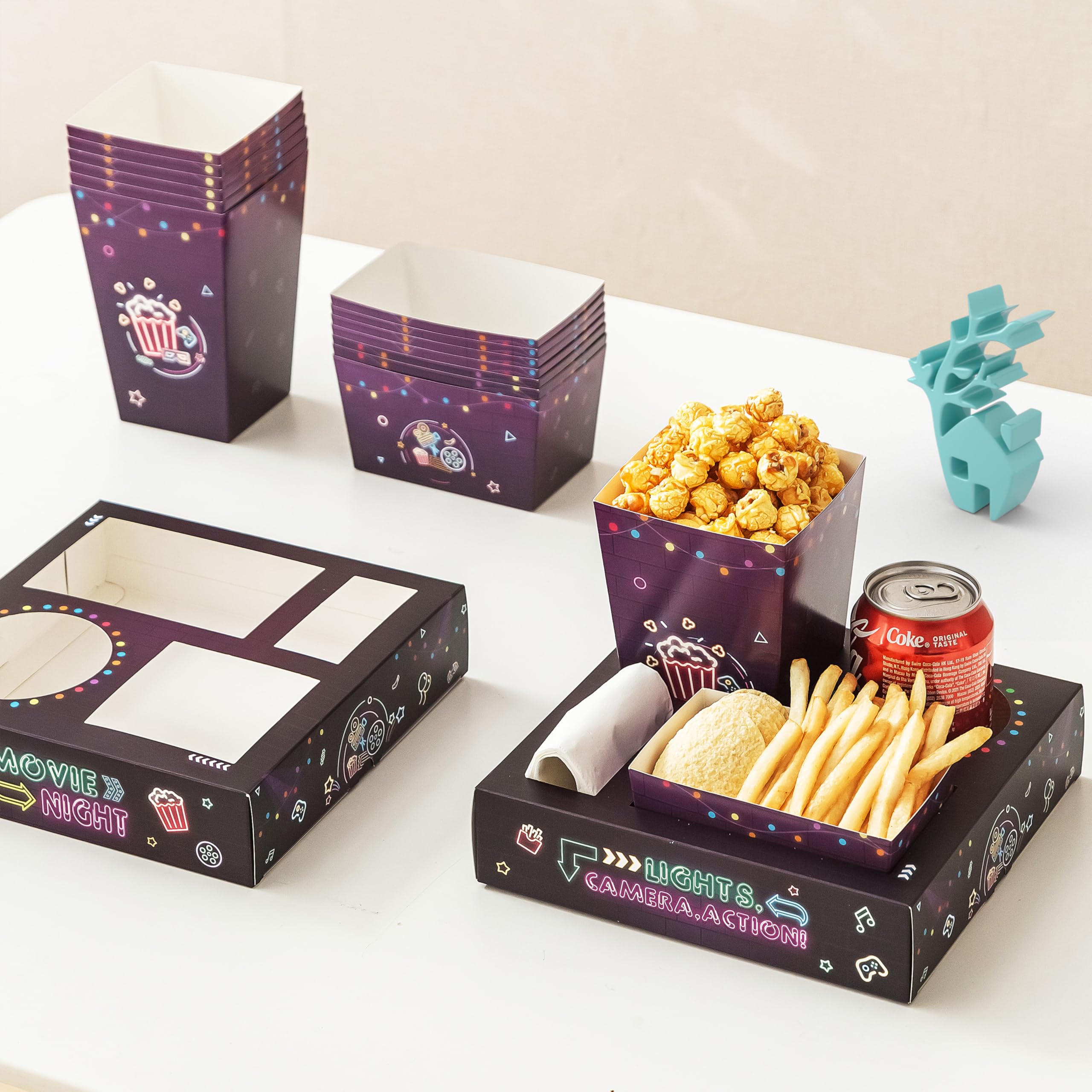 Baffect Lot de 40 plateaux à goûter Movie Night comprenant 10 plateaux néon pour soirée cinéma, 10 boîtes à popcorn, 10 saladiers, 10 invitations de fête cinéma, fournitures de soirée cinéma en plein