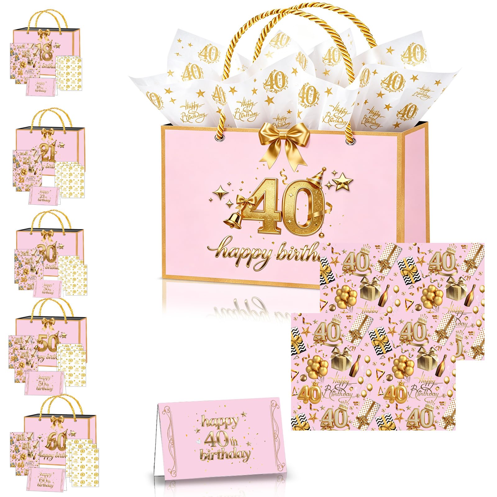 40th Birthday Gift Bag for Women,11×8×4" Pink Gold Woman 40th Gift Bag with 40th Birthday Wrapping Paper Tissue Paper Sheets Card and Ribbon for Ladies Her Female 40th Birthdays Present Decorations