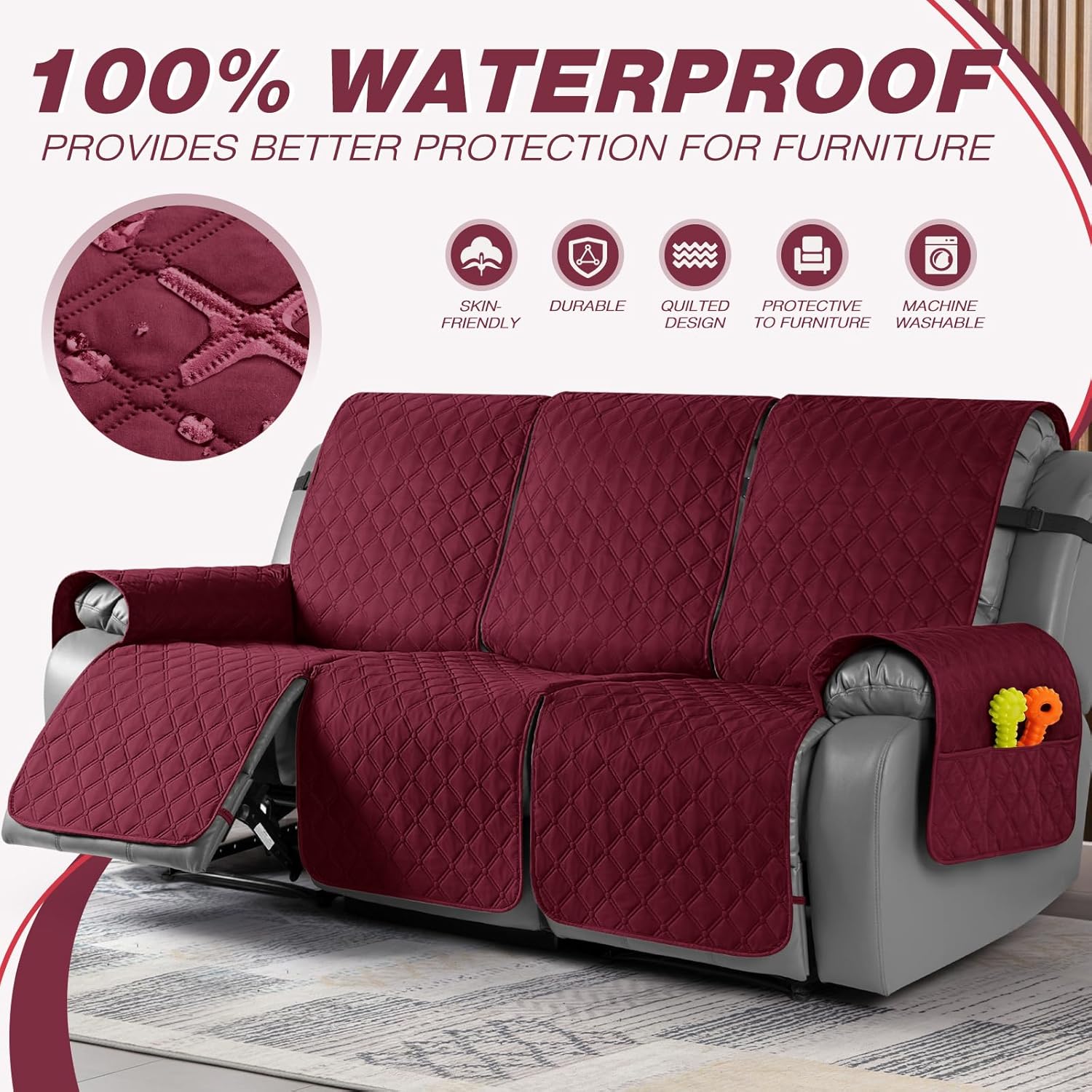taococo 100% waterproof recliner covers, recliner sofa covers with leg straps, reversible recliner couch cover for reclining chair, washable couch protector for pets kids(3 seater, wine) wine 3 seater