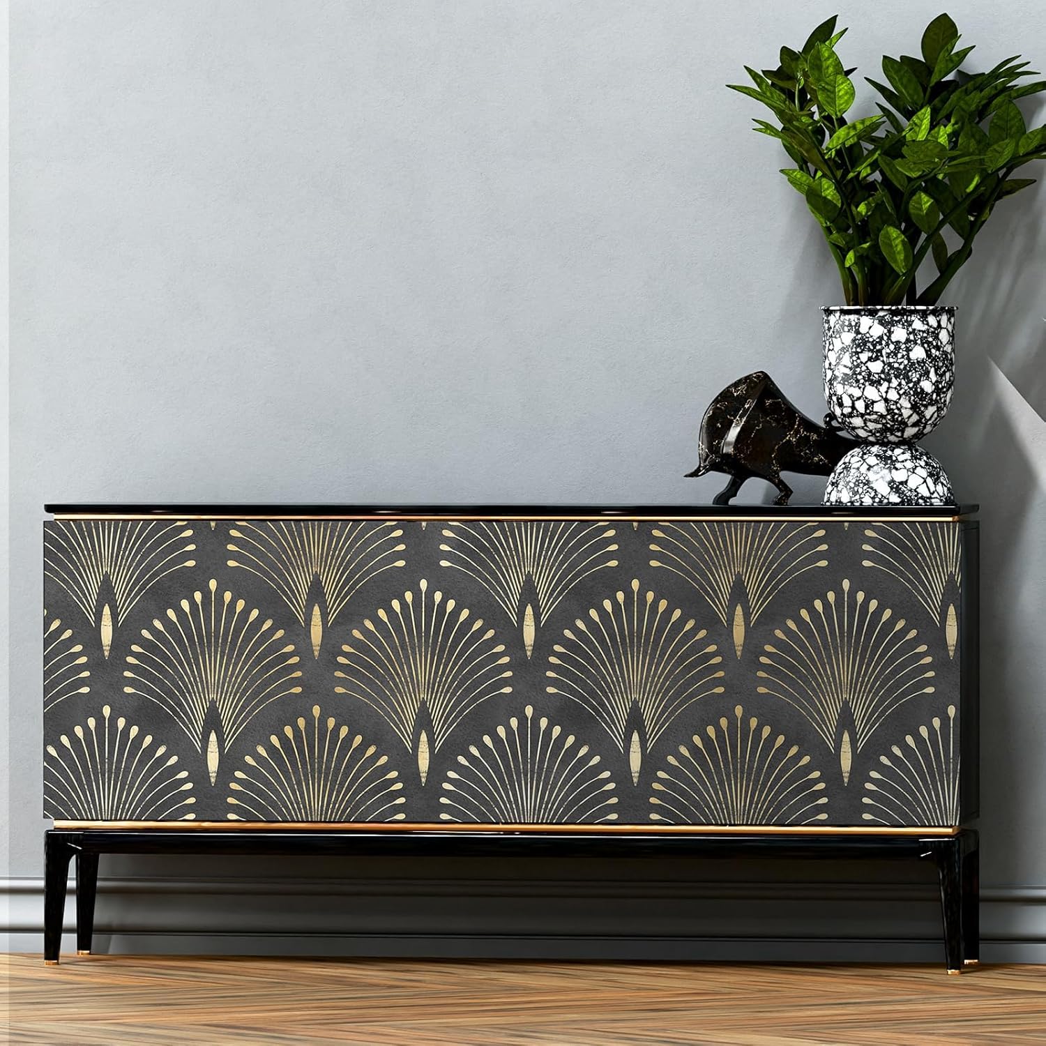 Livelynine 17.5x276 Art Deco Black and Gold Peel and Stick Wallpaper Abstract Peacock Wall Paper Prepasted Rolls Renter Friendly Black Vintage Contact Paper Waterproof Vinyl Geometric Wall Coverings