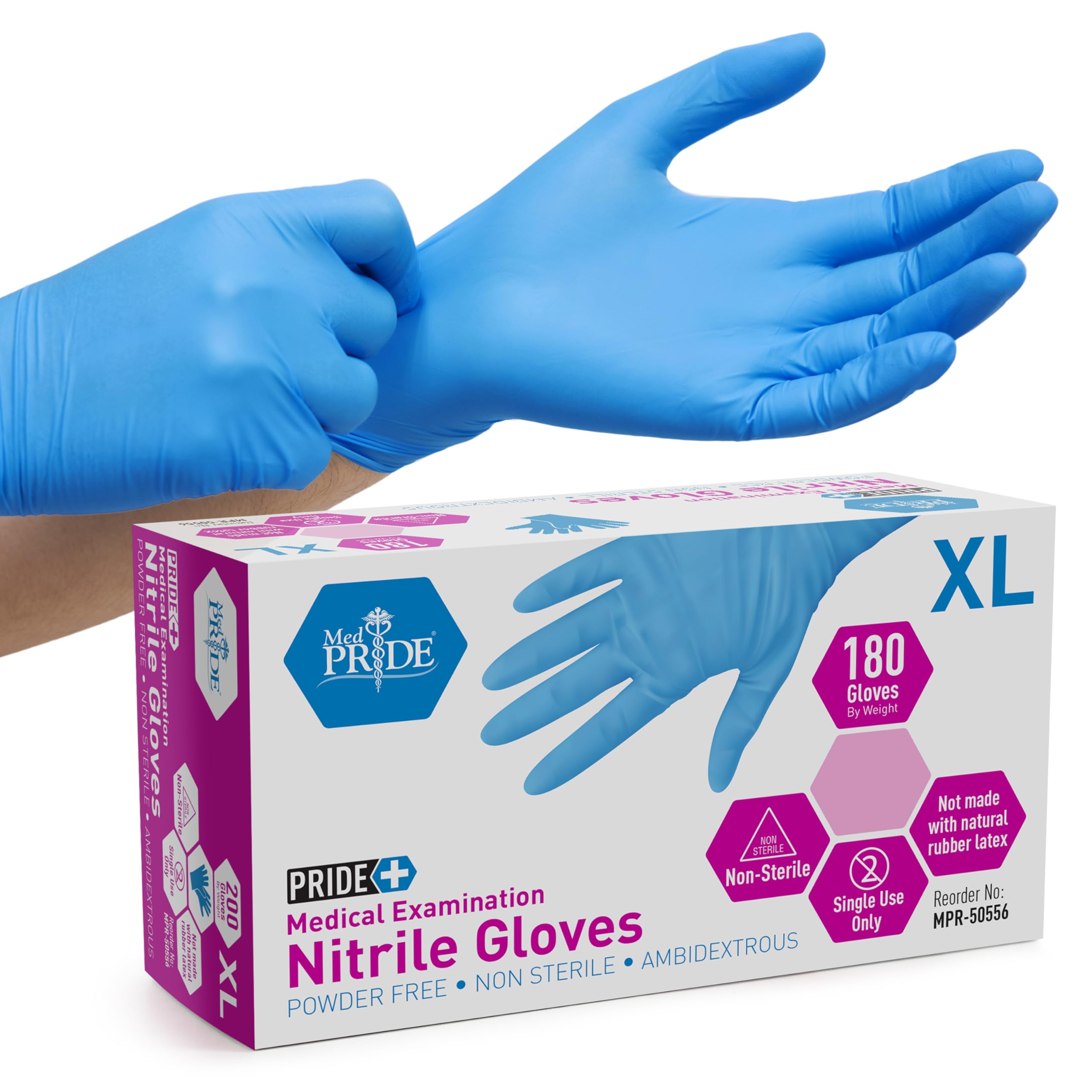 MED PRIDE Medical Examination Nitrile Gloves| X-Large Box of 180| Blue, Latex/Powder-Free, Non-Sterile Exam Gloves| Professional Grade for Hospitals, Law Enforcement, Tattoo Artists, First Respon