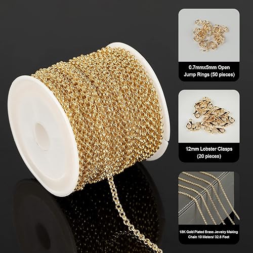 Miniatura 2 de Cadena para hacer joyas de latón chapado en oro 18K, 32.8 ft de cadenas Rolo circulares a granel con 50 anillos de salto + 20 cierres de langosta,