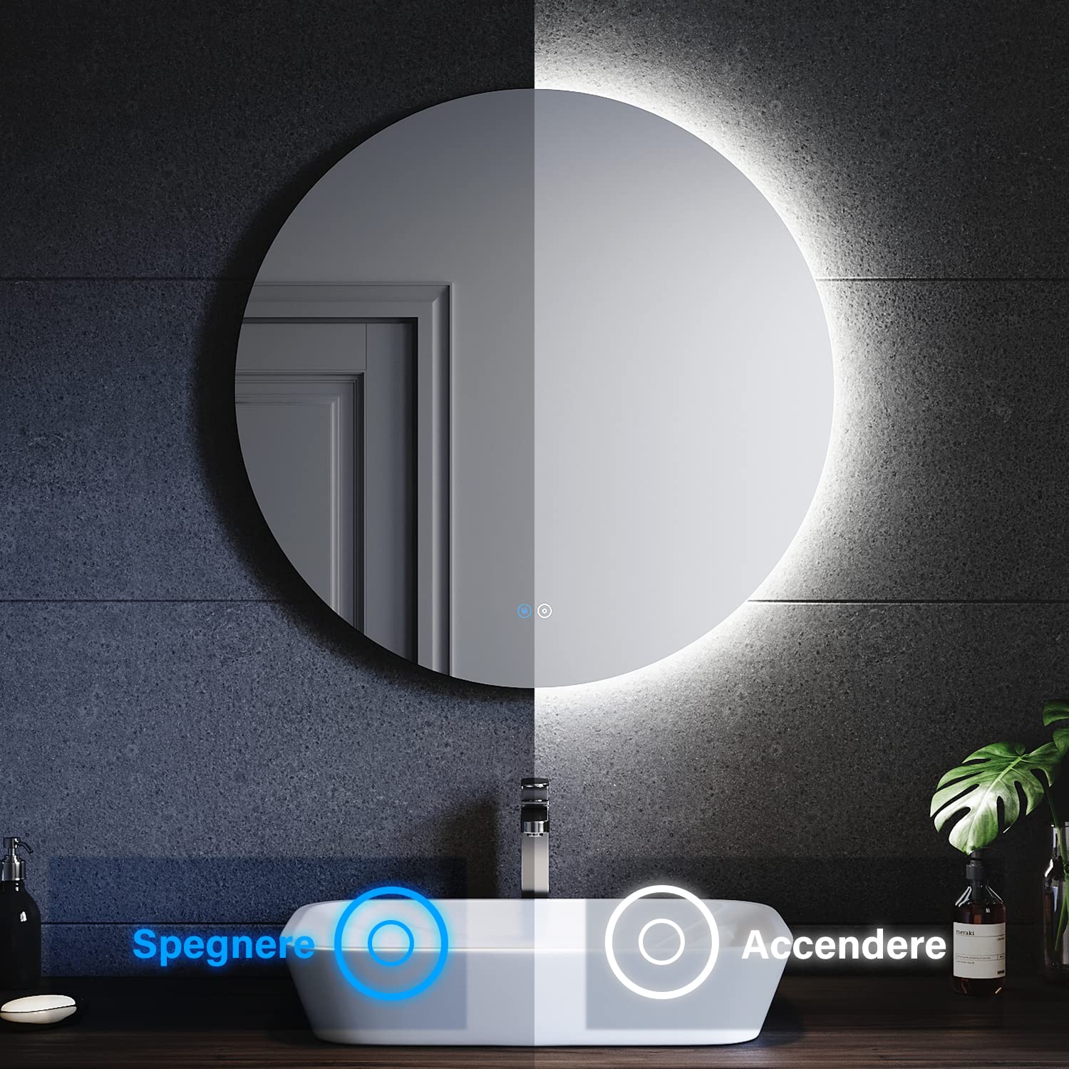 SONNI Specchio Bagno Rotondo Retroilluminato con Luce Regolabile Tricolore 80 cm,Doppio Tocco con Antiappannamento,Specchio da Parete Moderno