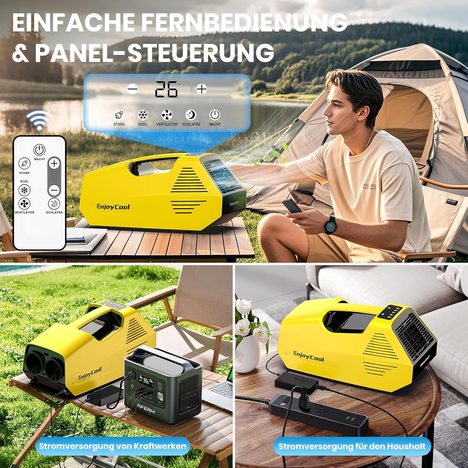 EnjoyCool Portable Air Conditioner powered by power station and household outlet