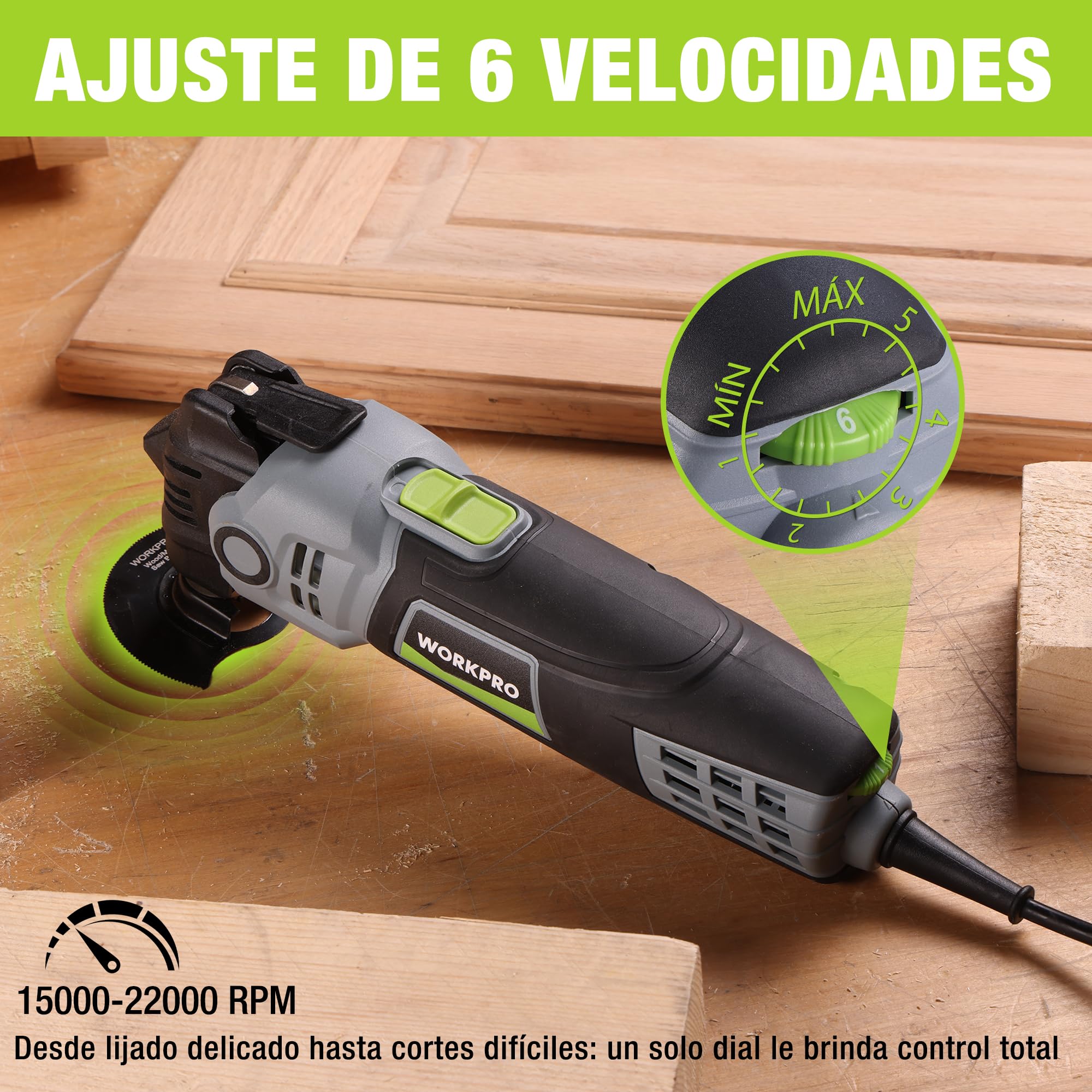 WORKPRO Herramienta Oscilante 400 W, Multiherramienta Eléctrica con 23 Accesorios y Bolsa, 6 Velocidades (15000–22000 RPM), Ángulo de Oscilación de 3,5°, Ideal para Cortar, Lijar y Raspado