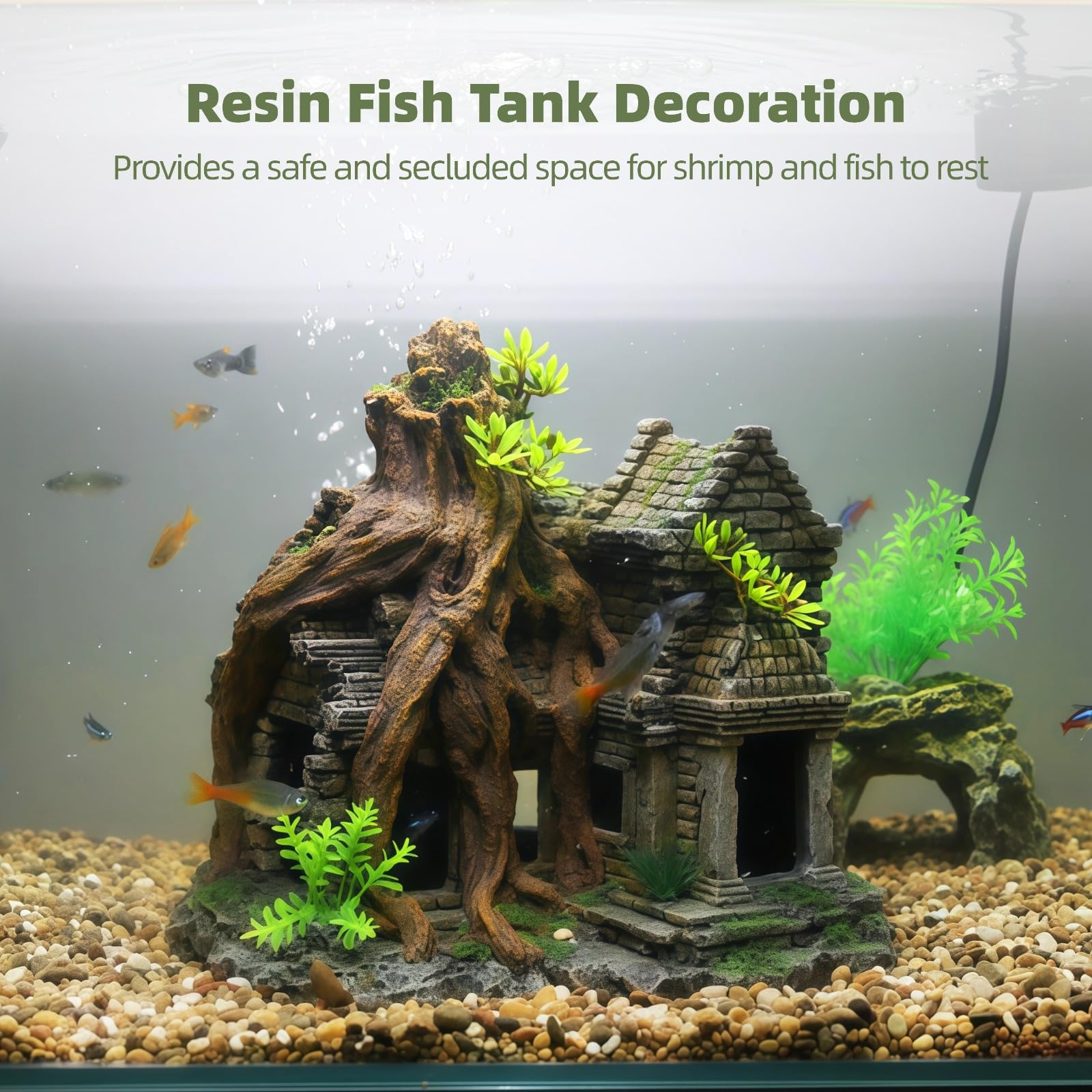 BOSREROY Decorazione per acquario in resina, 23,1 cm, grande decorazione per acquario, grotta che nasconde i pesci con struttura in pietra antica, ornamento a radice di albero, sicuro per acquari