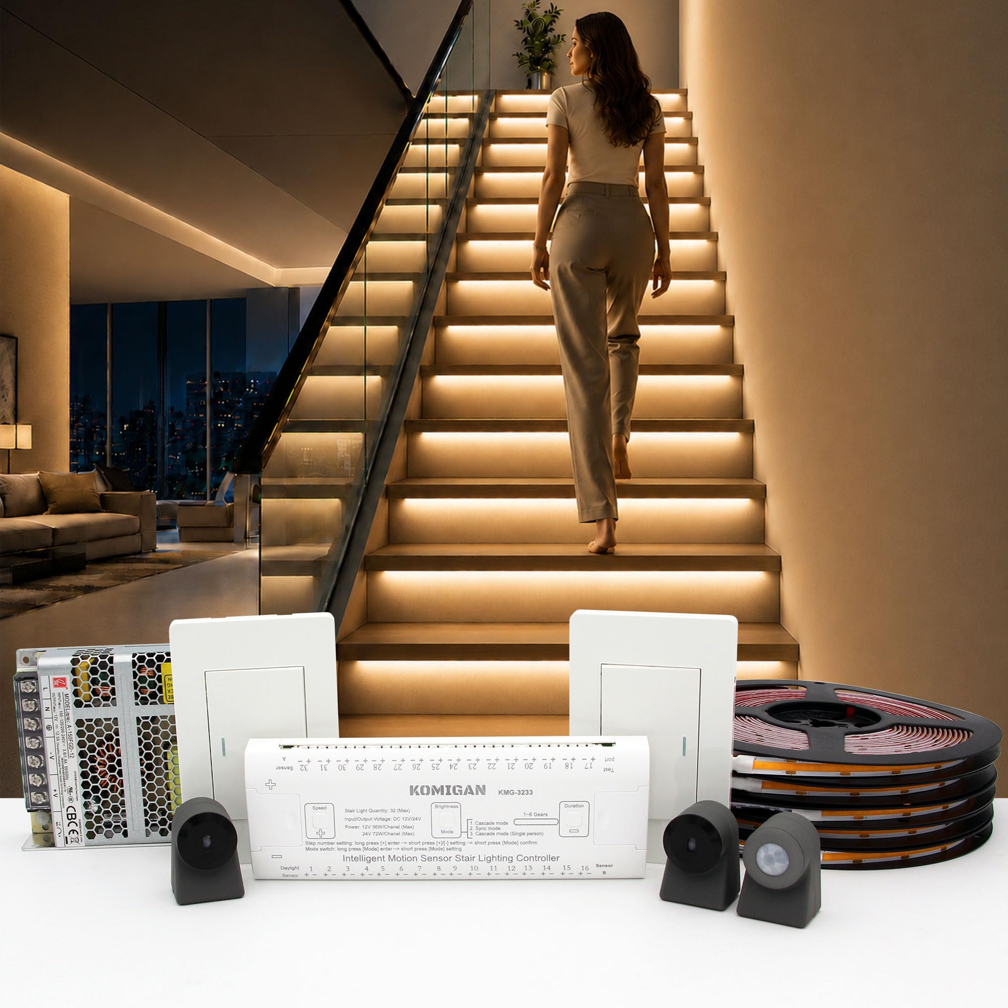 KMG-3233 Motion-Activated LED Stair Lighting Kit with Wall Switch, 42" Long Cuttable LED Strip Light for Indoor LED Stair Lights (Warm White 3000K, 16 Stairs)