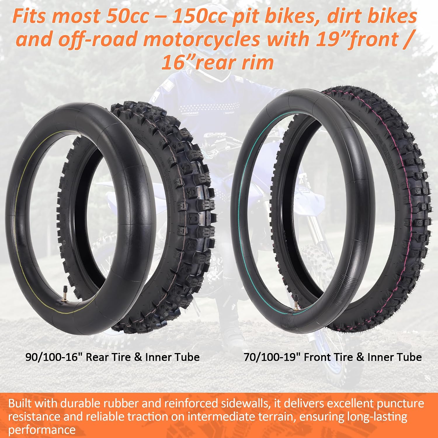 RUTU Front 70/100-19 2.75/3.00-19 & Rear 90/100-16 3.25/3.50-16 Tire Inner Tube for CR85R CRF80F CRF150 XR100 TTR125 KX100 KLX140 DR125 Pit Bike Motocross Off-Road Motorcycle