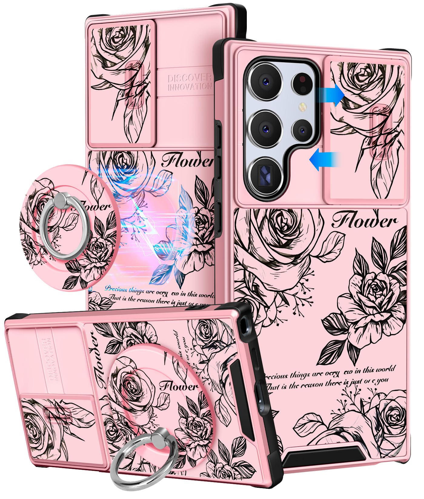 Buleens for Samsung Galaxy S22 Ultra Case 6.8 Inch - with Ring Stand & Camera Cover Aesthetic Cute Designed Women Girls Girly Roses Flowers for
