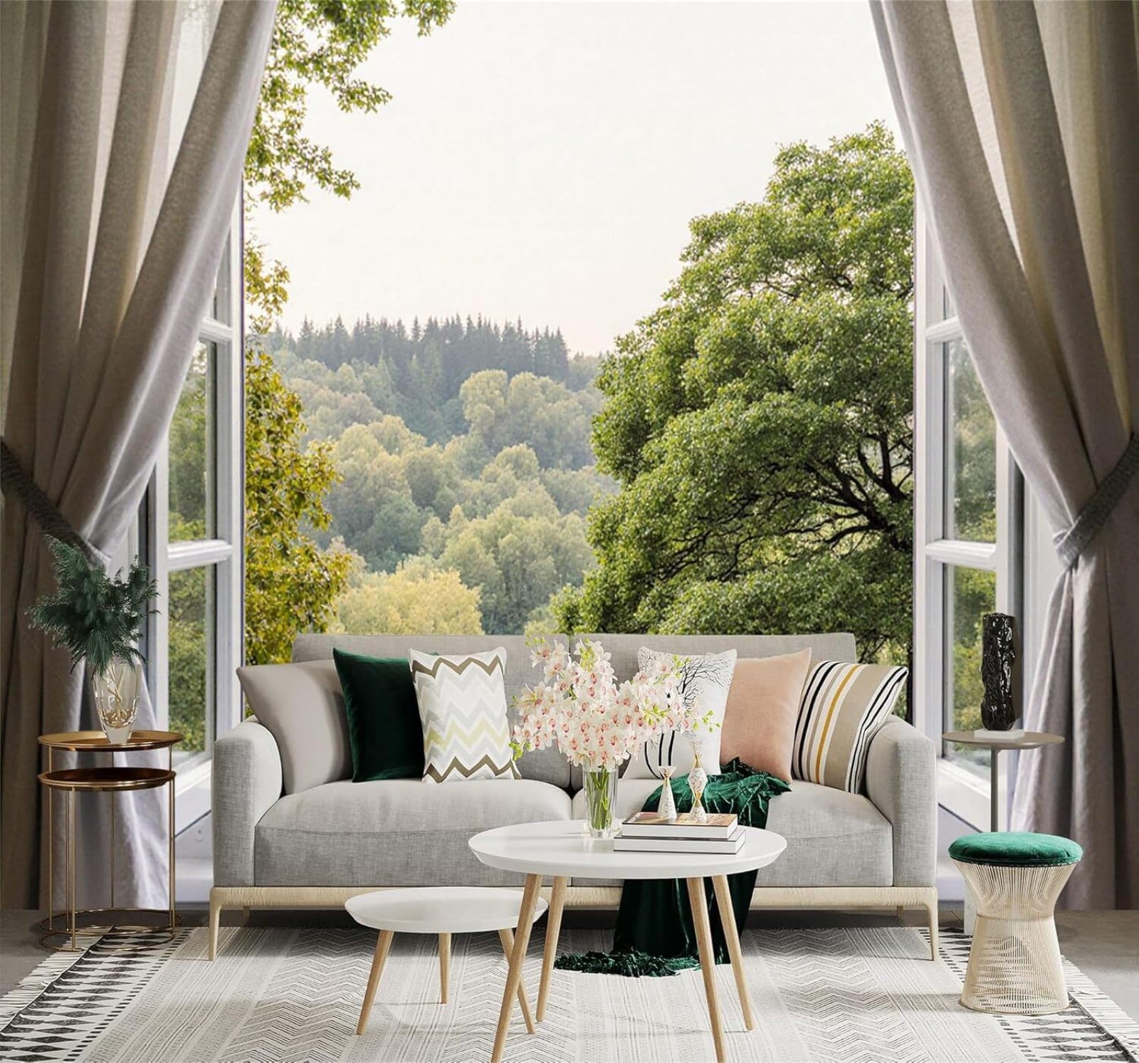 XLMING Window Green Forest Trees Natural Landscape 3D Wallpaper Silky Texture Home Study Office Grey Dining Room Sofa Bedroom Living Room TV Backdrop-200cm×140cm