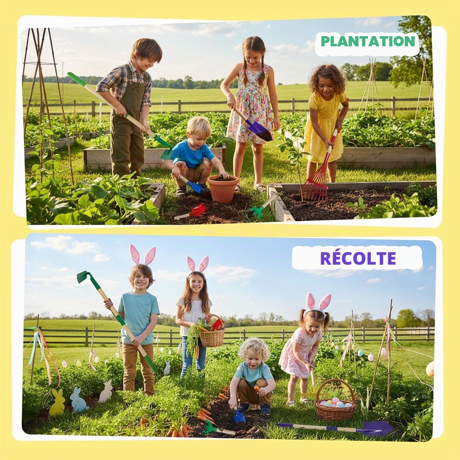 LATERN 6 Pièces D'outils de Jardinage pour Enfants, 71CM Métal Grande Pelle Râteau Houoche Feuilles Râteau avec Bois Manche, Arrosoir, Gants - pour Enfants Extérieur Jardin Cour Pelouse Creuser Jouer