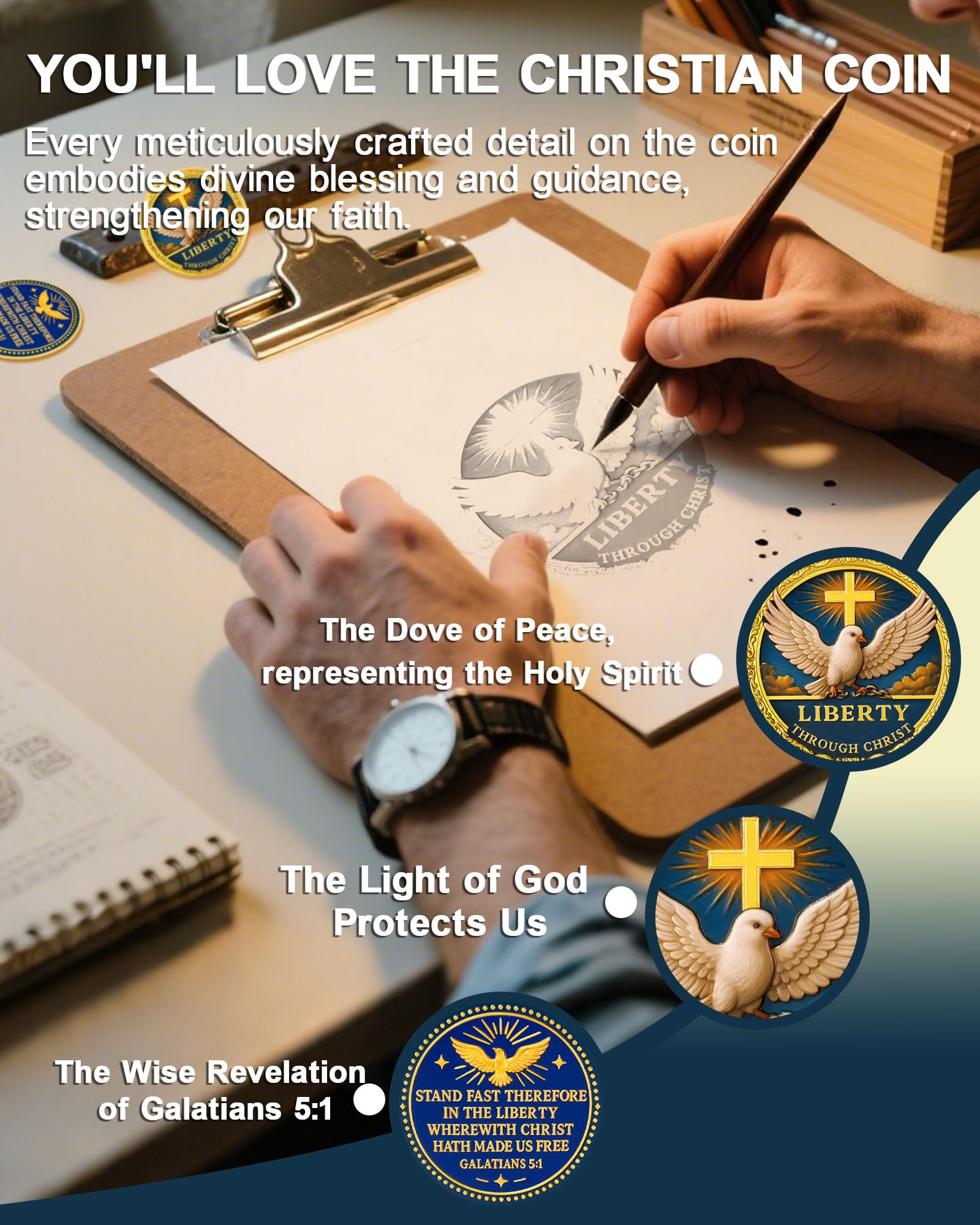 Christian Challenge Coin - Galatians 5:1 Verse, Holy Spirit Dove - Image 3