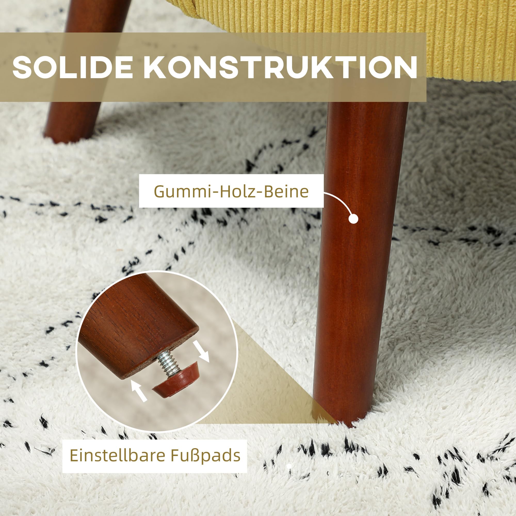 HOMCOM Sessel Loungesessel mit Armlehnen, Polstersessel mit Kissen Armlehnensessel mit Kordoptik, Holzbeine Lesesessel für Wohnzimmer, Schlafzimmer, Gelb