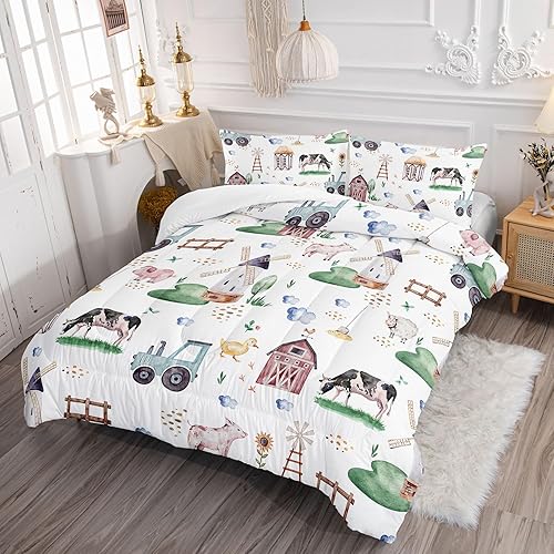 Miniatura 3 de Juego de edredón para niños, bonito juego de ropa de cama con estampado de granja con 1 edredón y 2 fundas de almohada para dormitorio de niñas y
