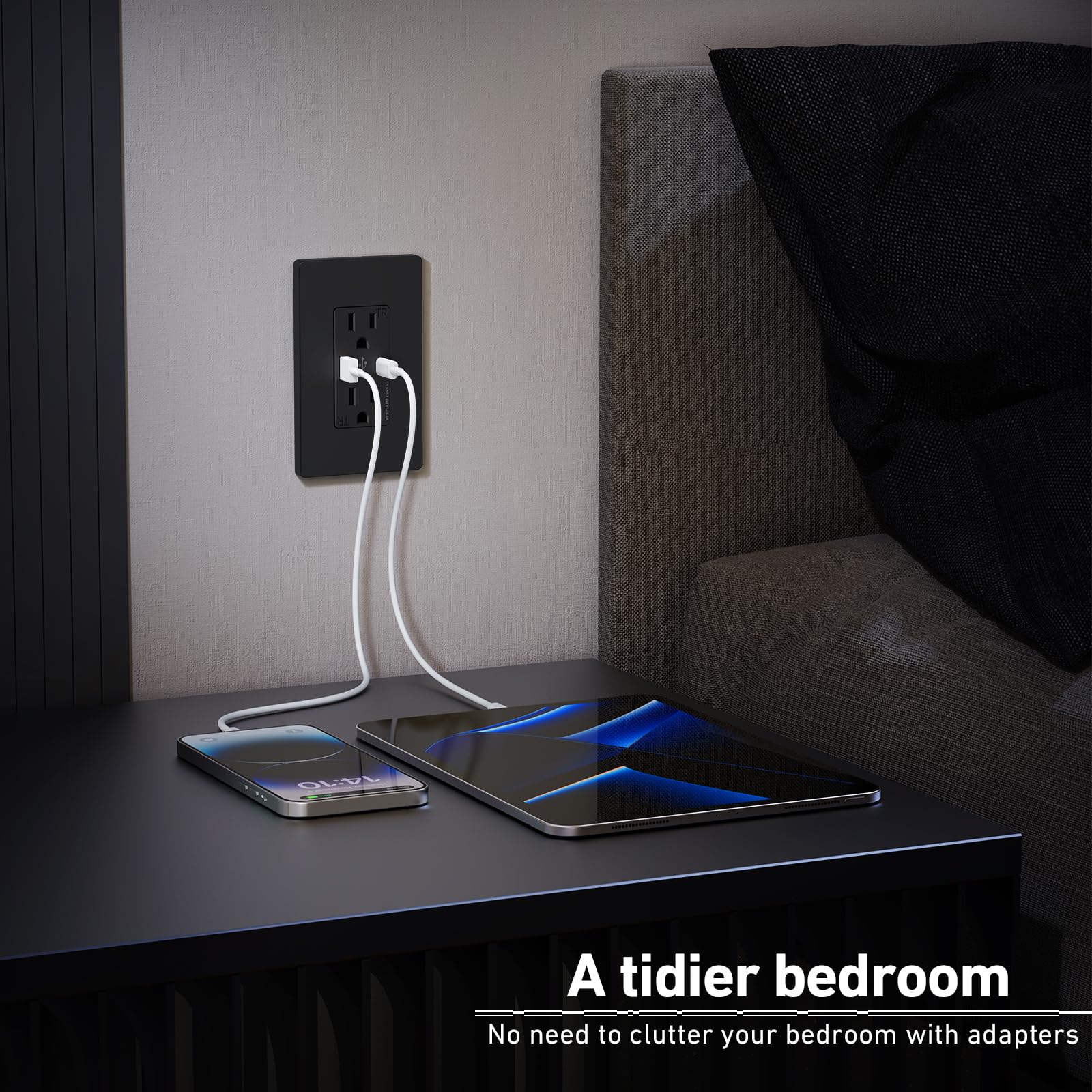 WEBANG Toma USB C, 25 W, 5.0 amperios, 2 puertos, toma de pared resistente a manipulaciones de 15 A con puertos USB C, placa de pared sin tornillos incluida, certificación ETL, negro mate, paquete de