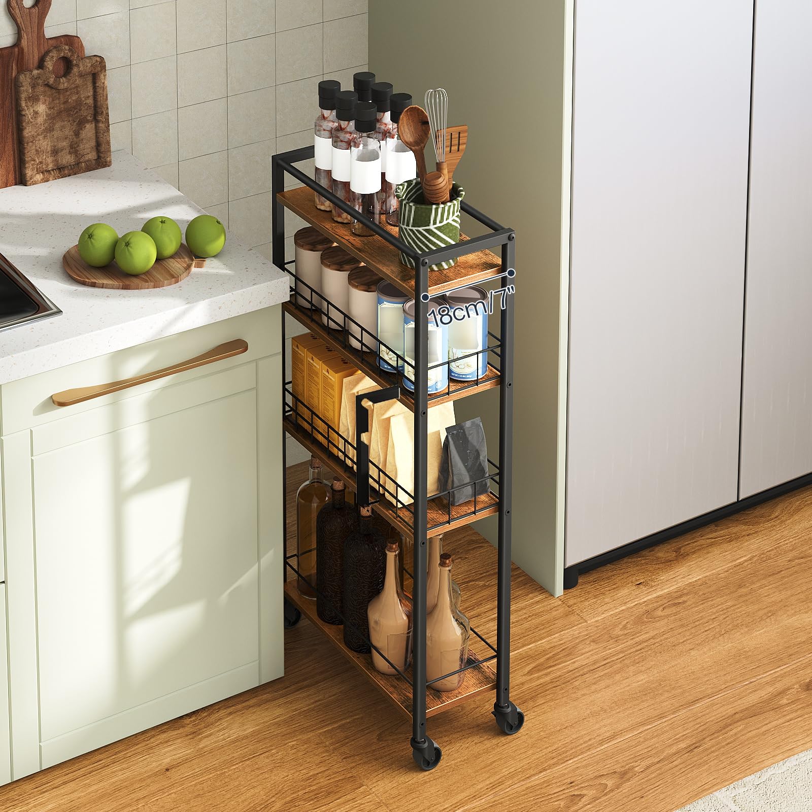 HOOBRO Carrello da Cucina a 4 Ripiani, Carrello di Servizio Stretto e Multifunzione, con Ruote e Cestelli in Rete, per Cucina, Bagno, Sala da Pranzo, Lavanderia, Marrone Vintage e Nero EBF17TC01