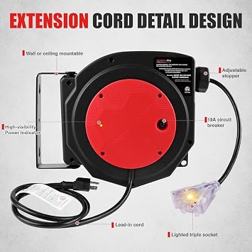 Retractable Extension Cord Reel,50 FT Heavy Duty Power Cord 14/3 AWG,13A Circuit Breaker,3 Tripe Tap Outlets,ETL Certified,with Ceiling/Wall mount
