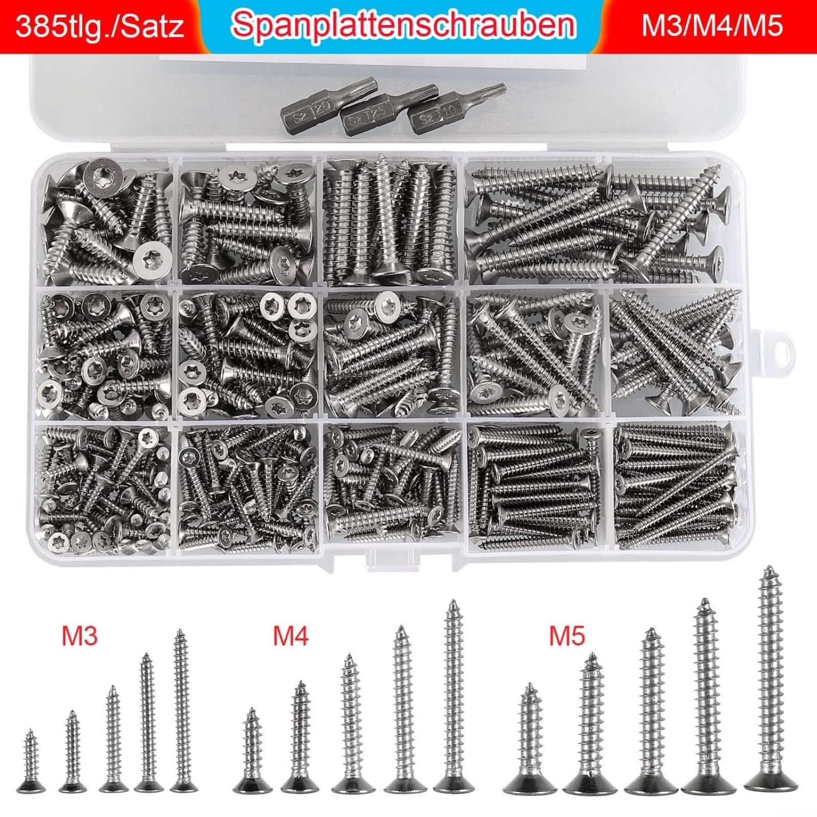 Kit di viti autofilettanti in acciaio inox per torx, 385 pezzi, con punte | Acciaio inossidabile 304, per testa svasata torx, nessuna pre-foratura necessaria, scatola organizzata per metallo, legno