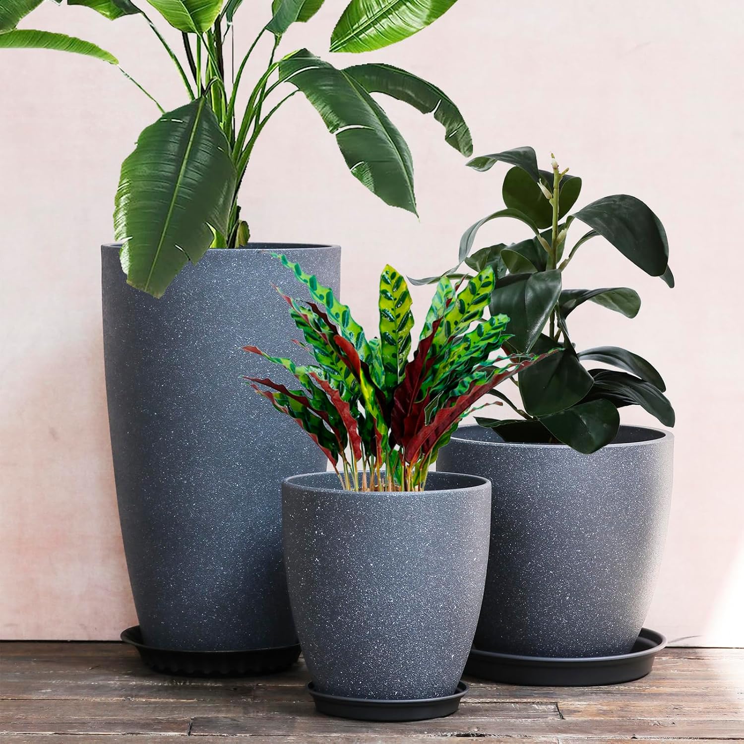 Garden Decorative Planters Plastic Tall Round Flower Pots with Drainage Hole & Saucer Cement Grey Surface Painting Robust & odourless, Modern Plant Pots for Porch Patio and All HousePlants Set of 3