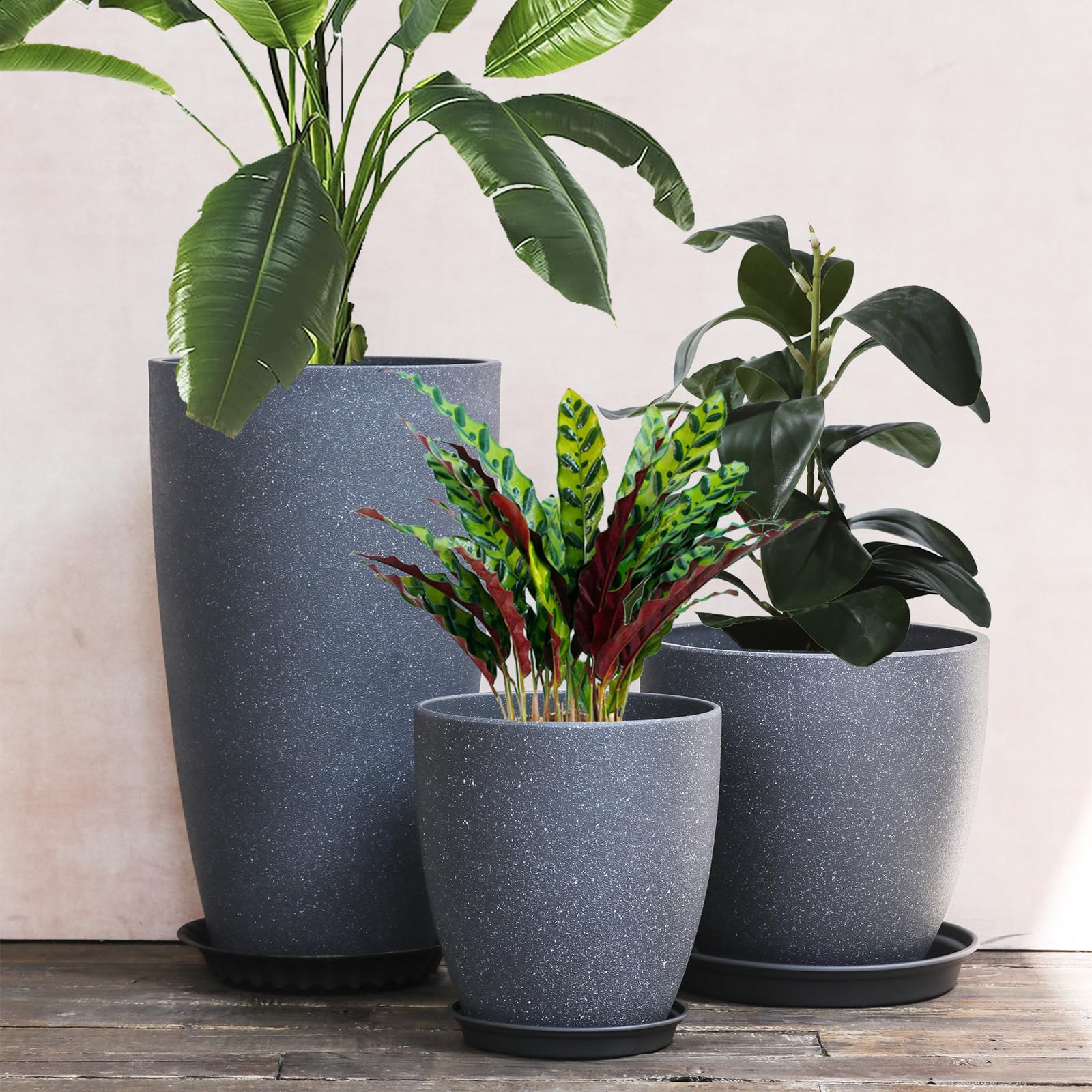 Lot de 3 pots de fleurs décoratifs SE SUN-E en plastique, pots de jardin hauts ronds avec trou de drainage et soucoupe, peinture de surface en ciment gris robuste et inodore, pots de plantes modernes