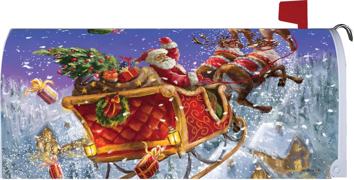 Santa Sleigh - Mailbox Makeover - Vinyl with Magnetic Strips for Steel Standard Rural Mailbox - Made in The USA - Copyright, Licensed and Trademarked by Custom Decor Inc.