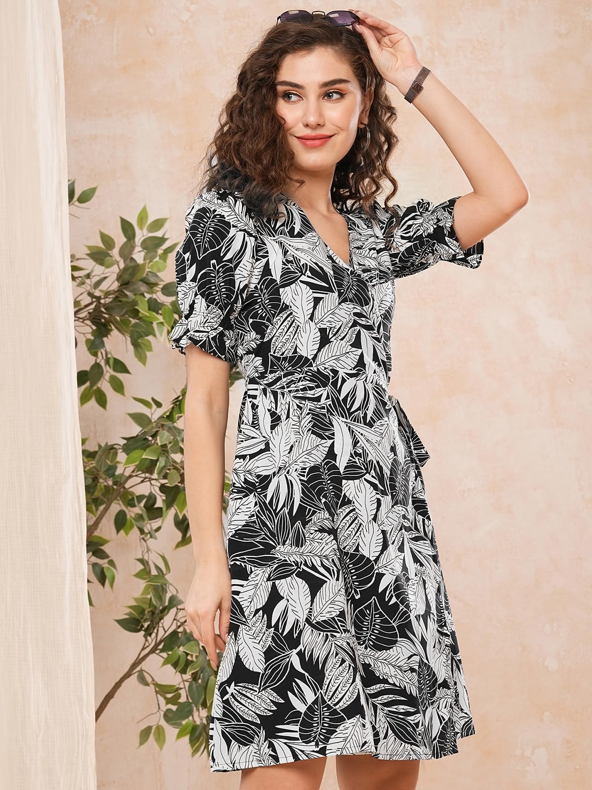 Selvia Women's Western Dress | Printed Half Sleeve Crepe Western Dress For Women | V-Neck A-Line Dress For Women | One Piece Dress For Women (665Dtk683N-L_Off White & Black)