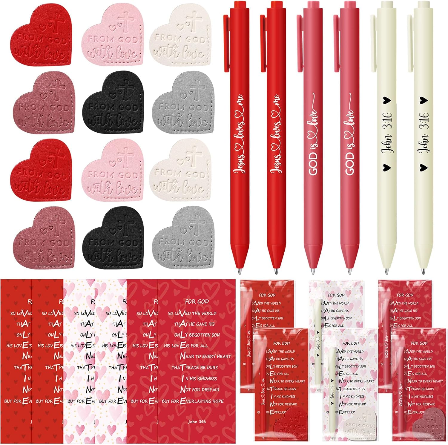 48 Set John 3: 16 Christian Valentine‘s Day Gift Bulk God Bless Ballpoint Pens Paper Cards Leather Bookmarks for Bible Religious Valentine‘s Day for Church Class Favor Supplies