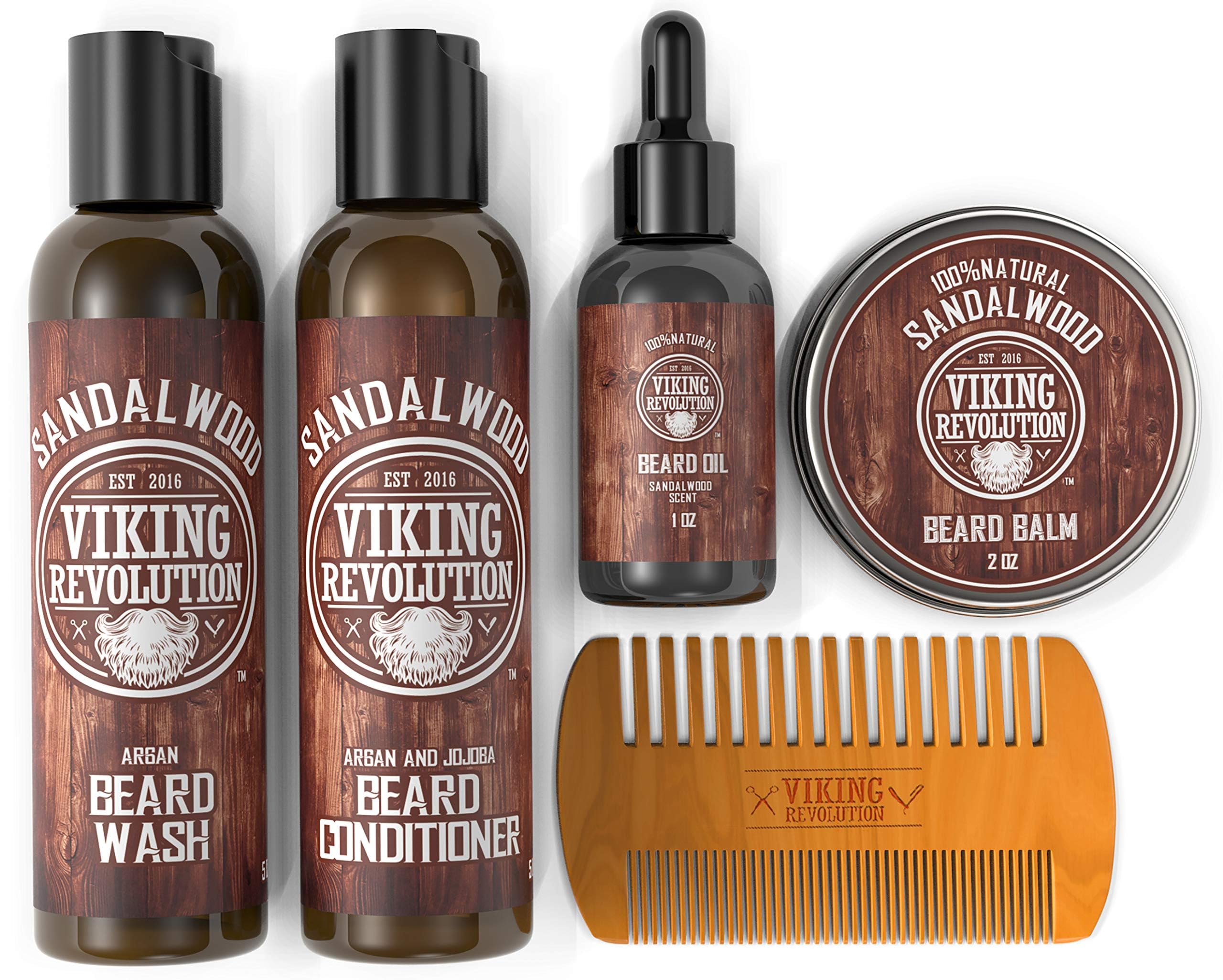Viking Revolution - Kit Barbe Homme - Adoucit, Hydrate & Soulage les Démangeaisons - Contient Après Shampoing & Shampoing Barbe, Peigne Barbe, Baume & Huile Barbe Homme - Bois de Santal