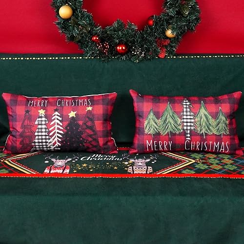 Miniatura 2 de ONWAY Juego de 2 fundas de almohada navideñas de 12 x 20 pulgadas, diseño de árboles rojos, negros, verdes, rojos, búfalos, a cuadros, decorativas,