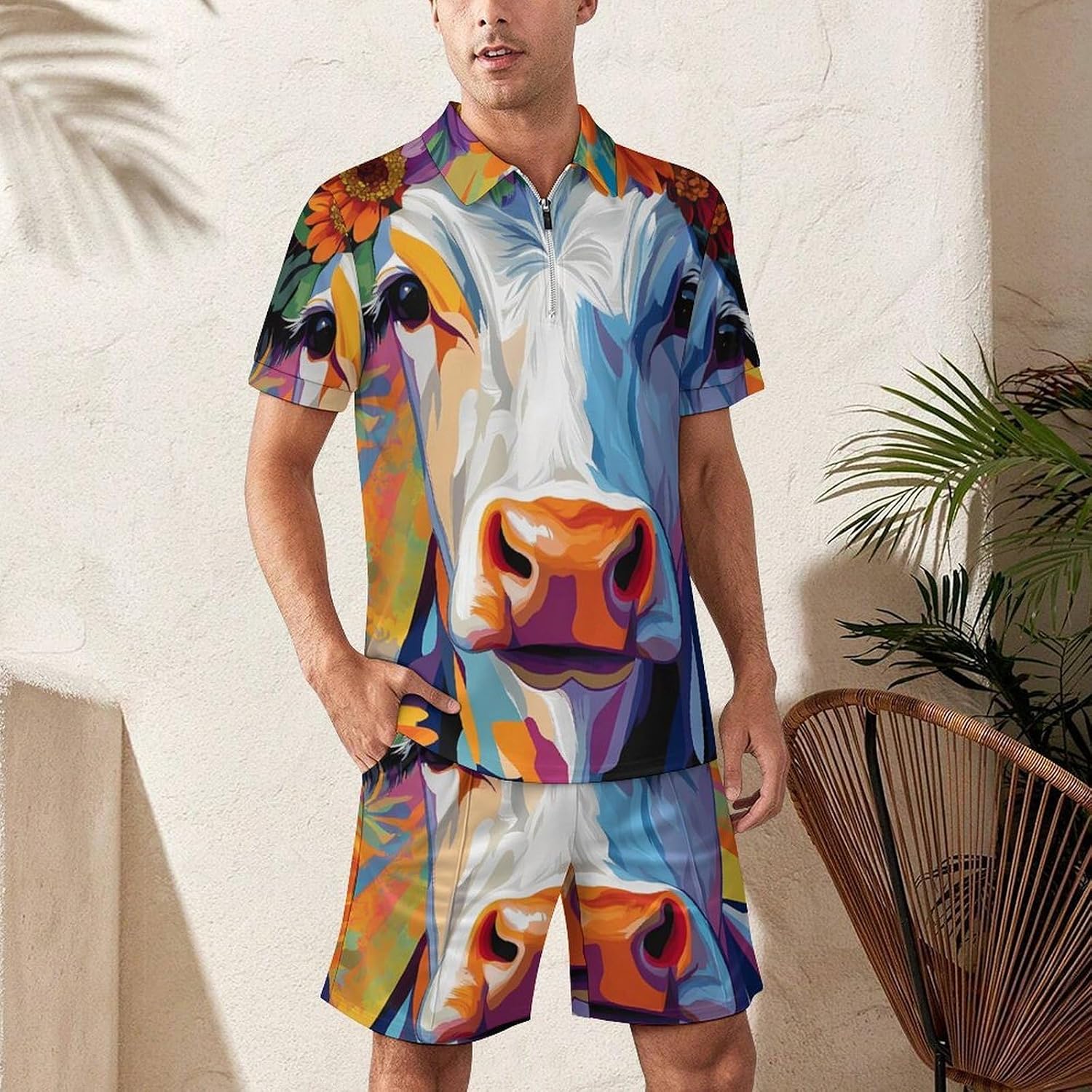 Colorful Farm Cow Daisy Flower Mens Polo Shirts Track Suits 2 Piece Short Sleeve Sweatsuit 1/4 Zip Golf Loungewear for Sports