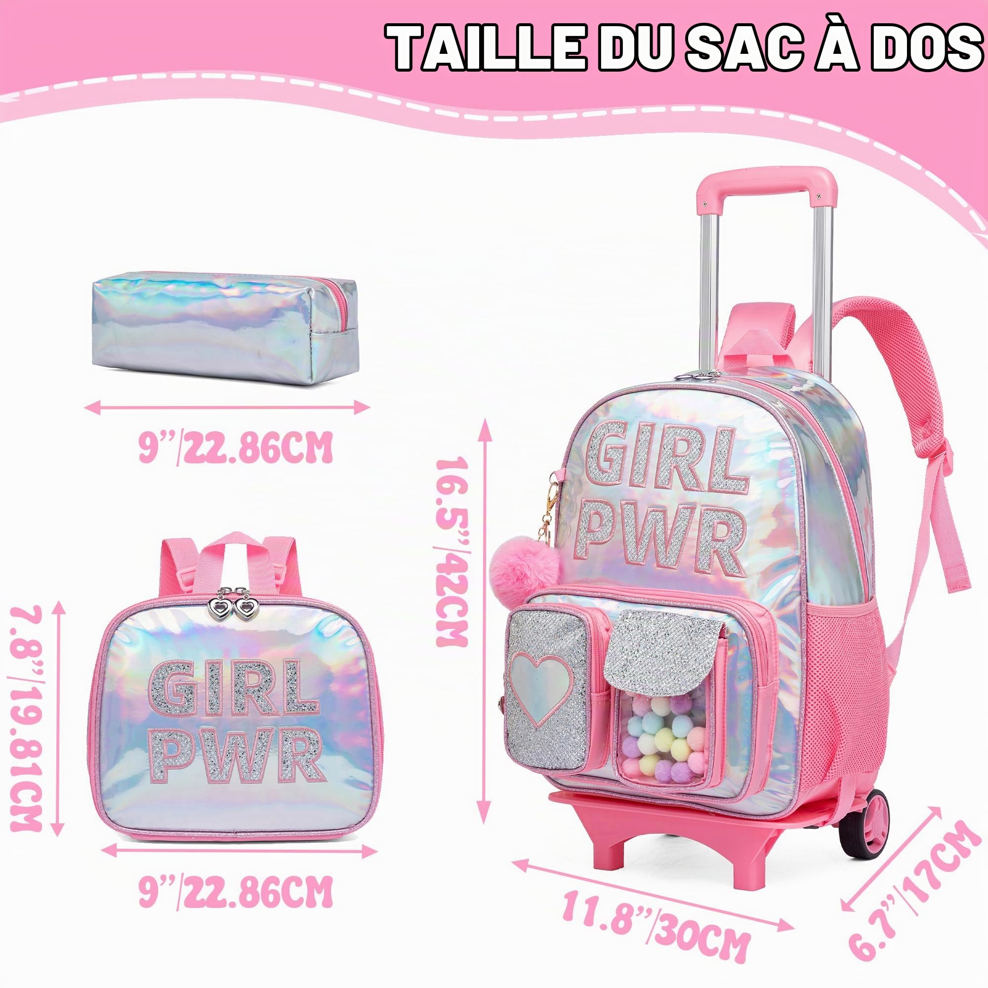 HTgroce Cartable a Roulette Fille Sac a Dos Roulette Fille Sac à Lunch et étui à Crayons Inclus cp,ce1,ce2